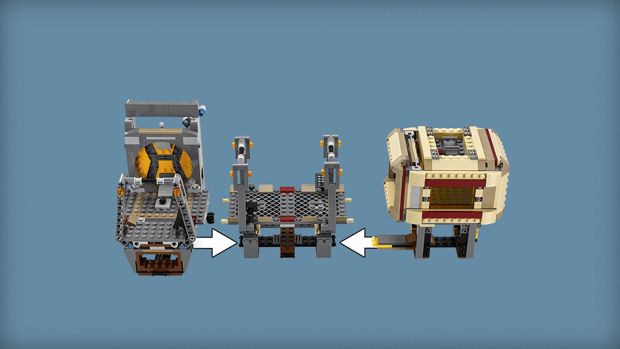 Montaż zestawu Lego. Pokazano trzy sekcje pojazdu. Strzałki wskazują kierunek montażu na niebieskim tle.