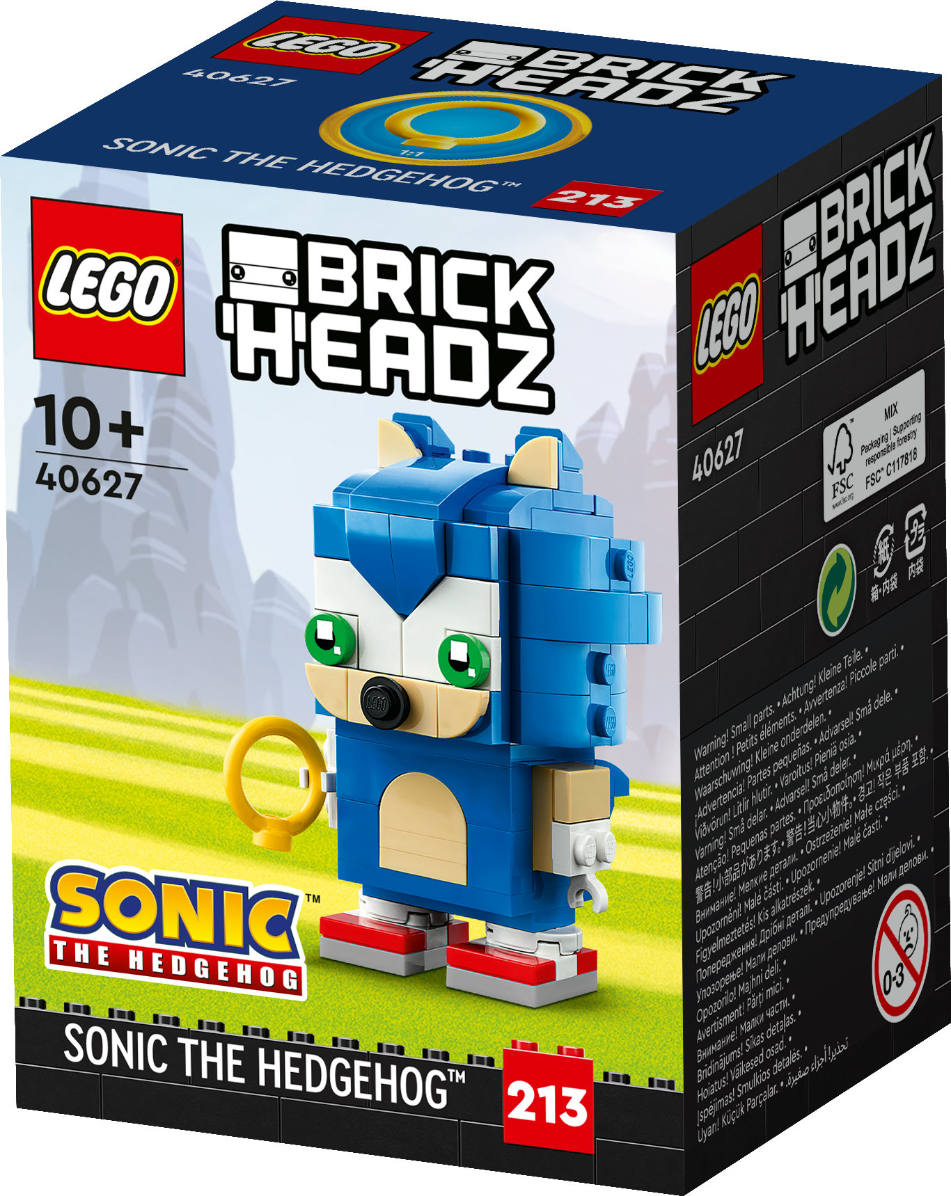 Lego Sonic the Hedgehog BrickHeadz Set. Sonic-Figur mit blauem Körper, roten Schuhen und gelbem Ring. Die Schachtel hat das Lego-Logo.