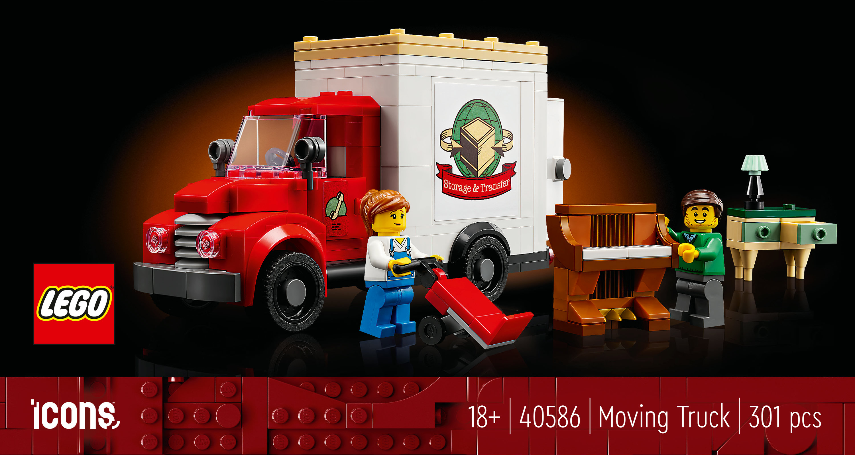 LEGO-Umzugswagen-Set mit Figuren. Der LKW ist rot und weiß. Enthält ein Klavier, einen Tisch und weiteres Zubehör.