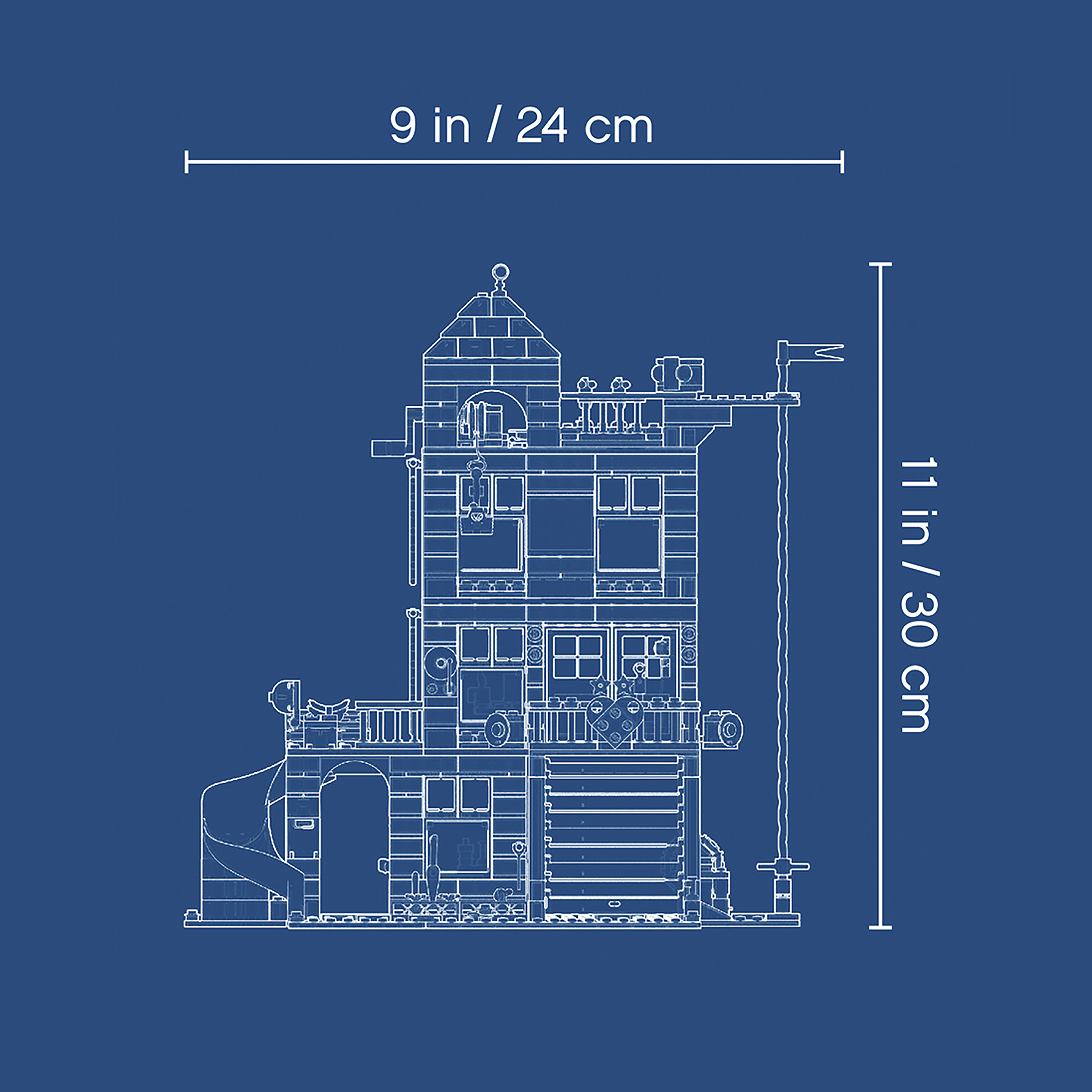 Rysunek techniczny budynku z wymiarami. Budynek jest wielopiętrowy z detalami architektonicznymi.