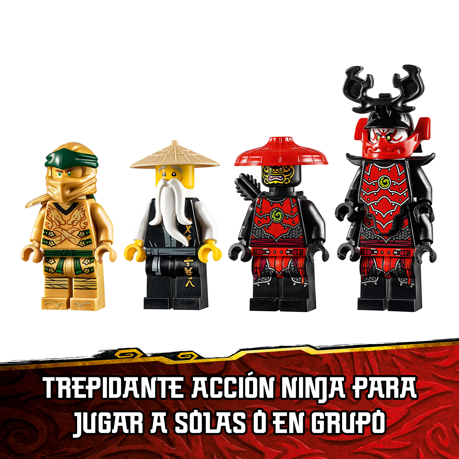 Cztery figurki Lego Ninjago stoją w rzędzie. Mają różne stroje i akcesoria. Tło jest białe z tekstem na dole.