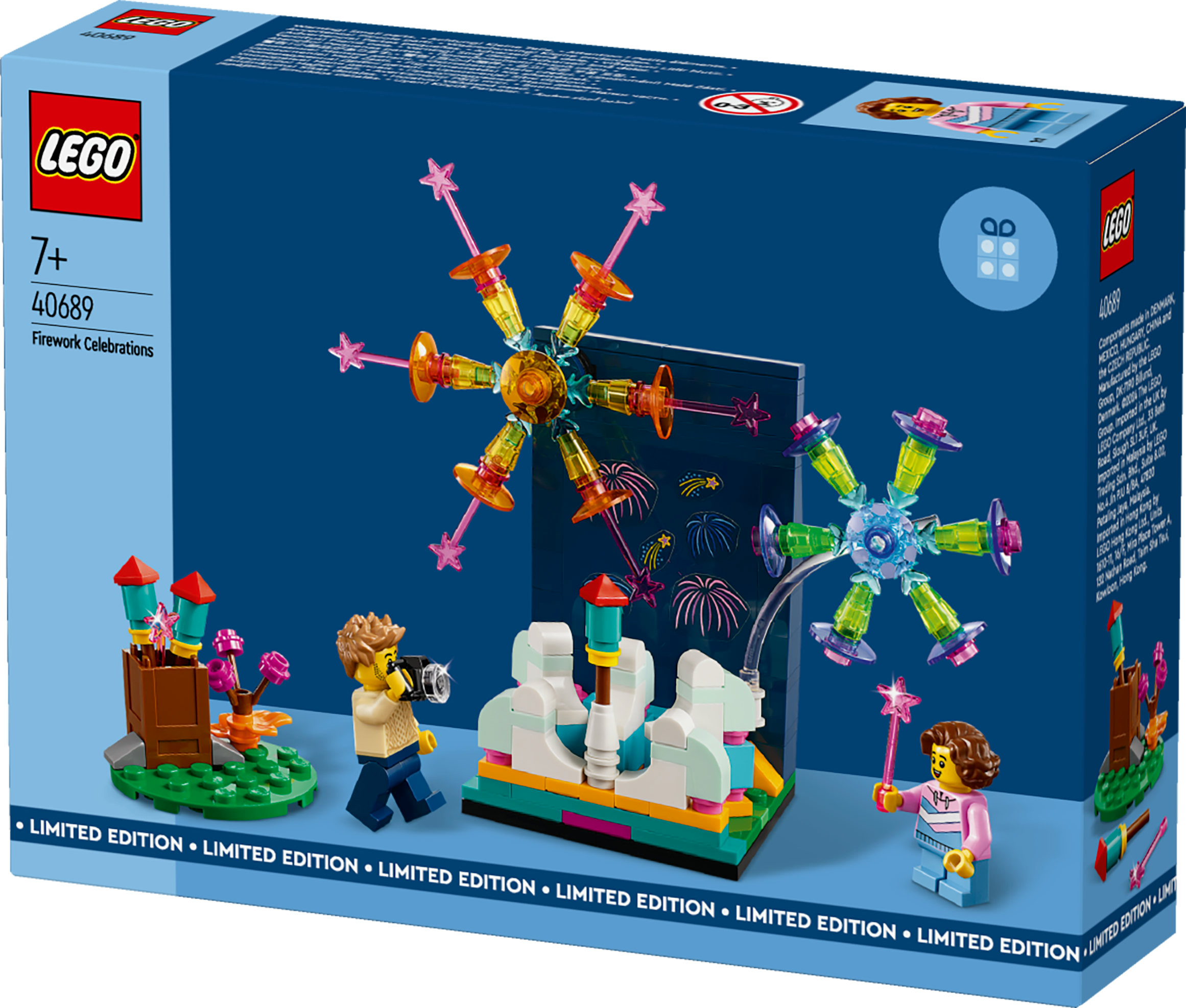 LEGO-Set-Box. Enthält Minifiguren, Feuerwerk und Riesenräder. Blauer Hintergrund mit "Limited Edition" Text.