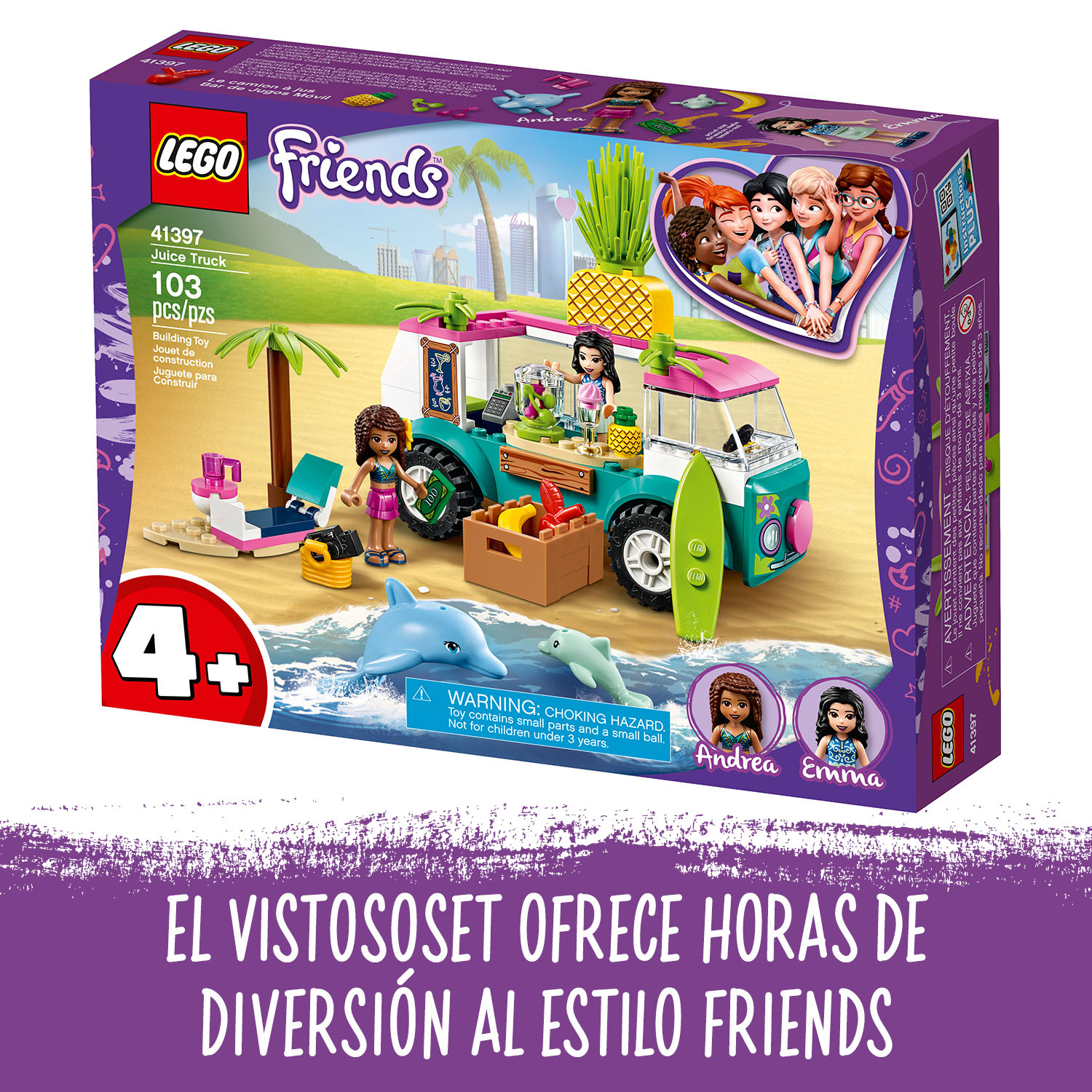 Set scatola LEGO Friends Juice Truck. Presenta un camion rosa e verde acqua, palme, personaggi e un delfino. Contiene 103 pezzi.