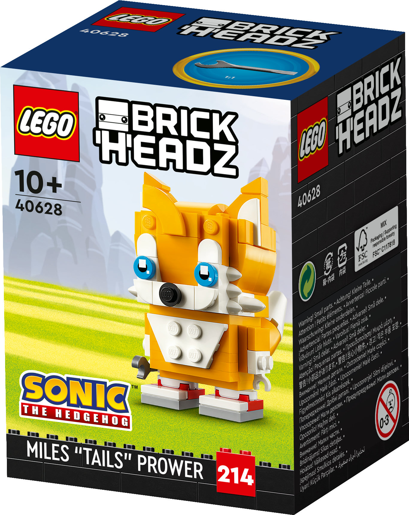 Eine Lego BrickHeadz-Box von Tails Prower. Das Modell ist gelb und weiß. Die Box zeigt das Lego-Logo und Sonic the Hedgehog.
