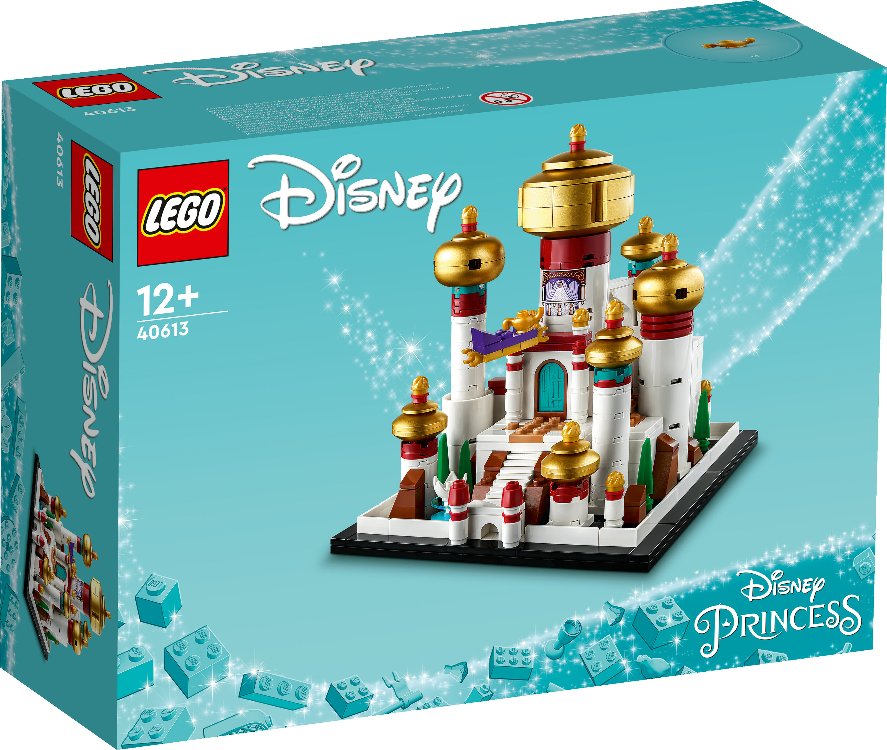 Die Schachtel zeigt ein Lego Disney Set. Das Set ist ein Modell eines Palastes mit goldenen Kuppeln und einem fliegenden Teppich.