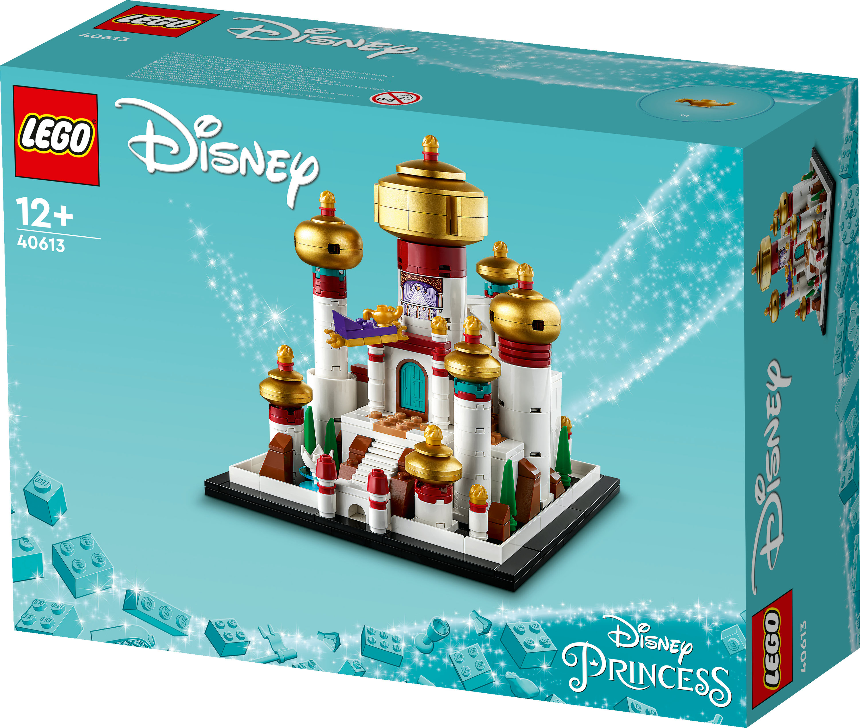 Eine Lego Disney-Set-Box zeigt ein Miniatur-Schloss mit goldenen Kuppeln und einem türkisfarbenen Hintergrund mit Sternen.