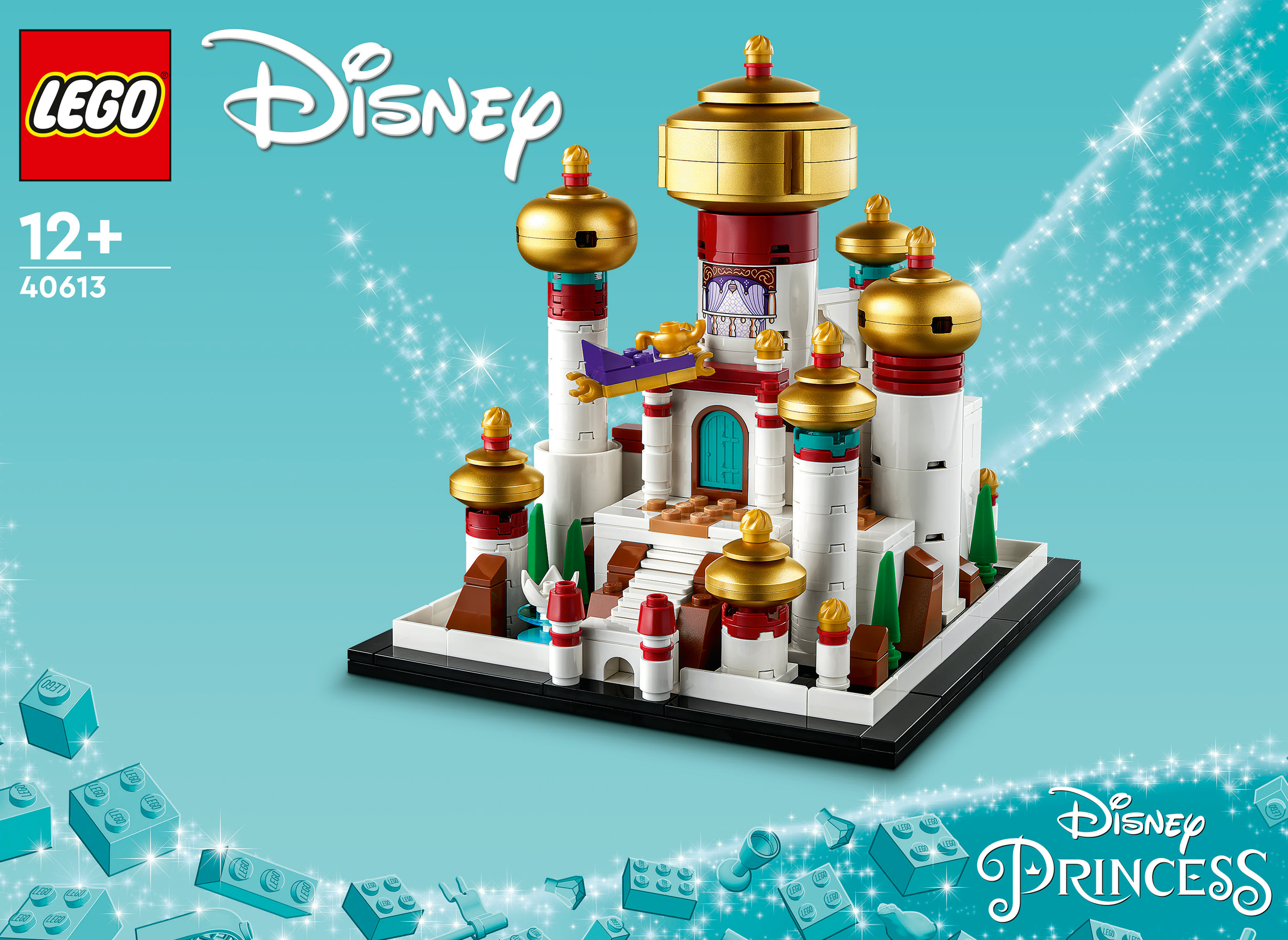 LEGO Disney Princess Set. Es zeigt einen weißen und goldenen Palast mit einem lila Teppich und einer magischen Lampe.