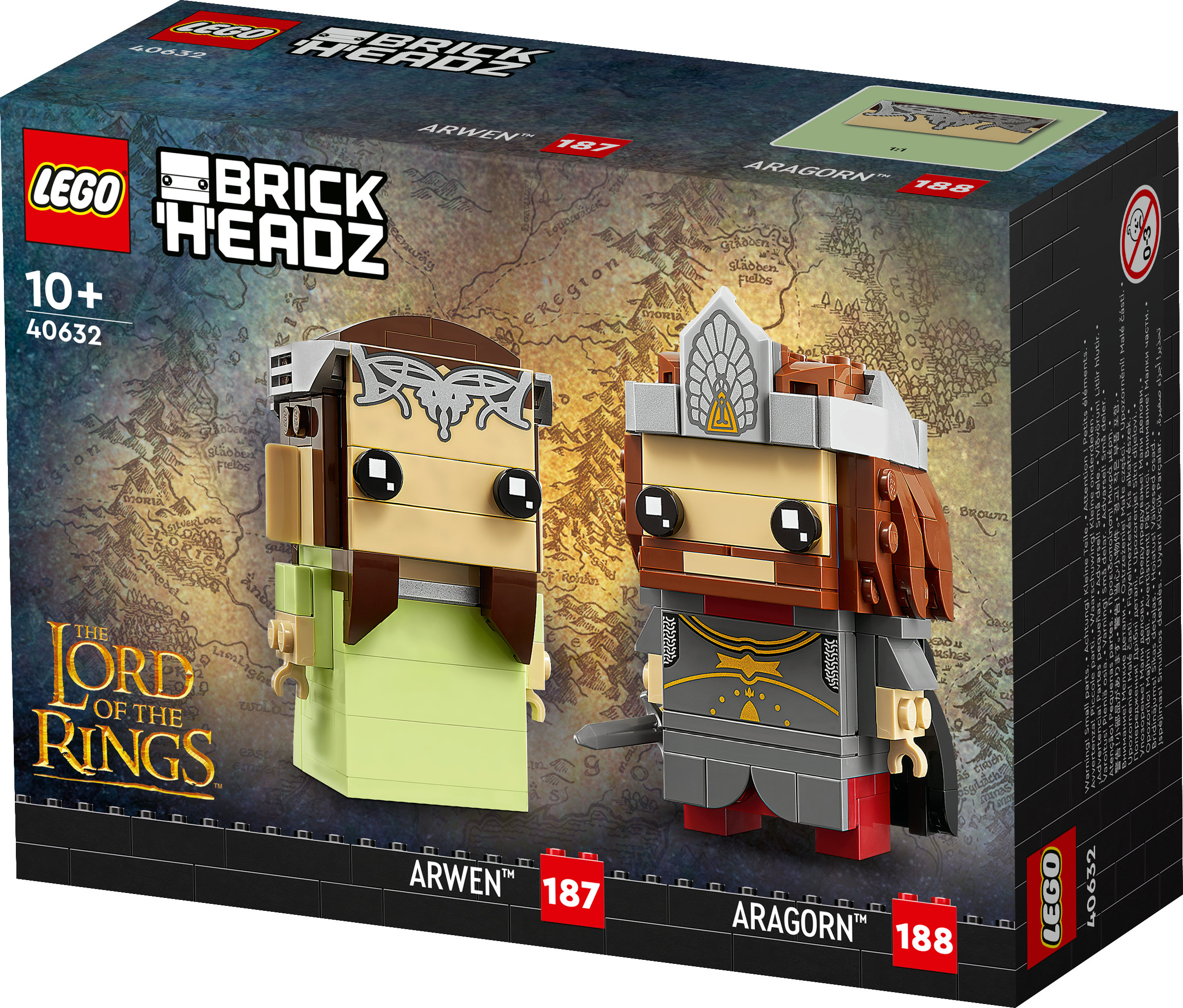 LEGO BrickHeadz-Box mit Arwen- und Aragorn-Minifiguren aus Der Herr der Ringe, mit Kartenhintergrund.