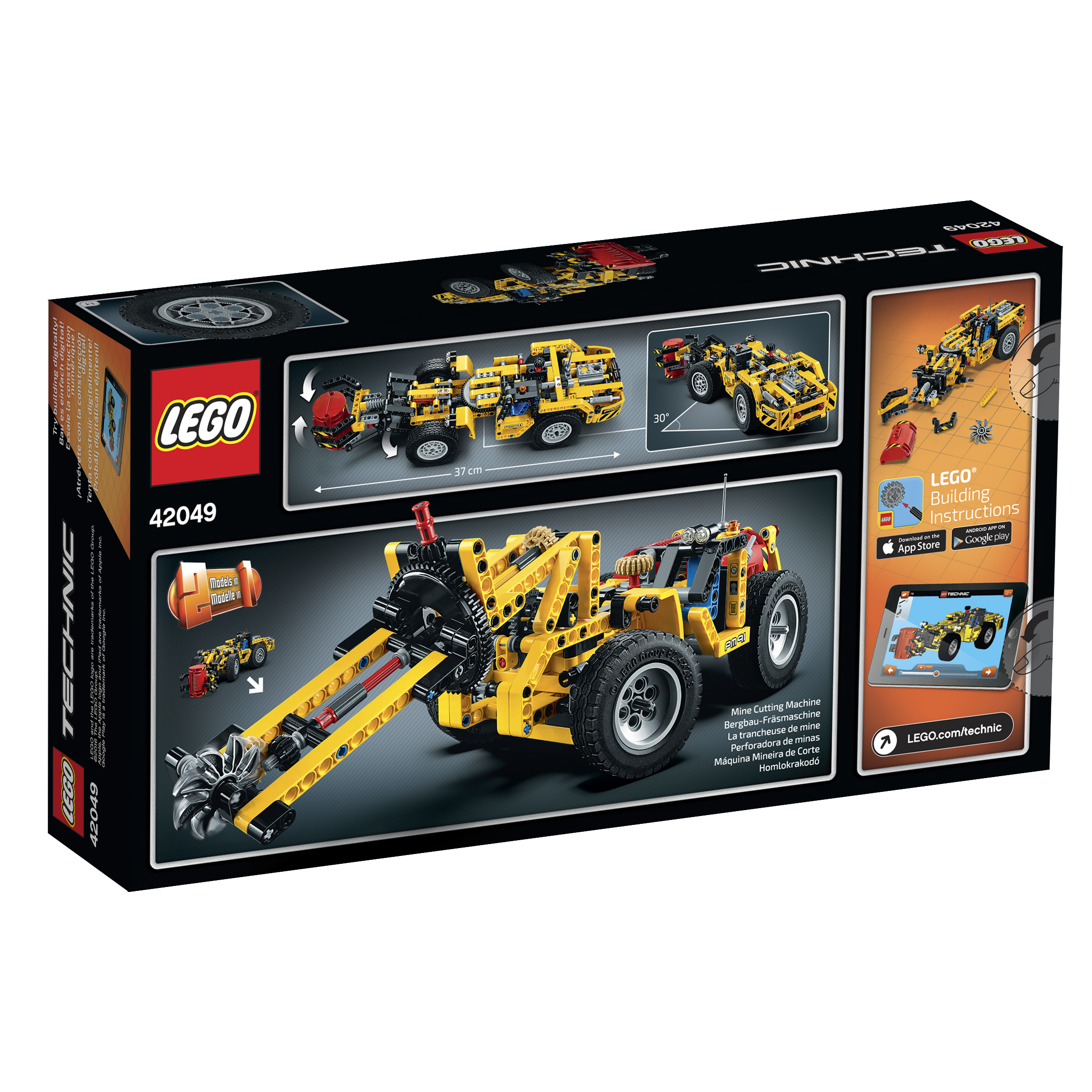 Een Lego Technic doos met een gele mijnsnijmachine. Het heeft een voorste snijblad en grote wielen.