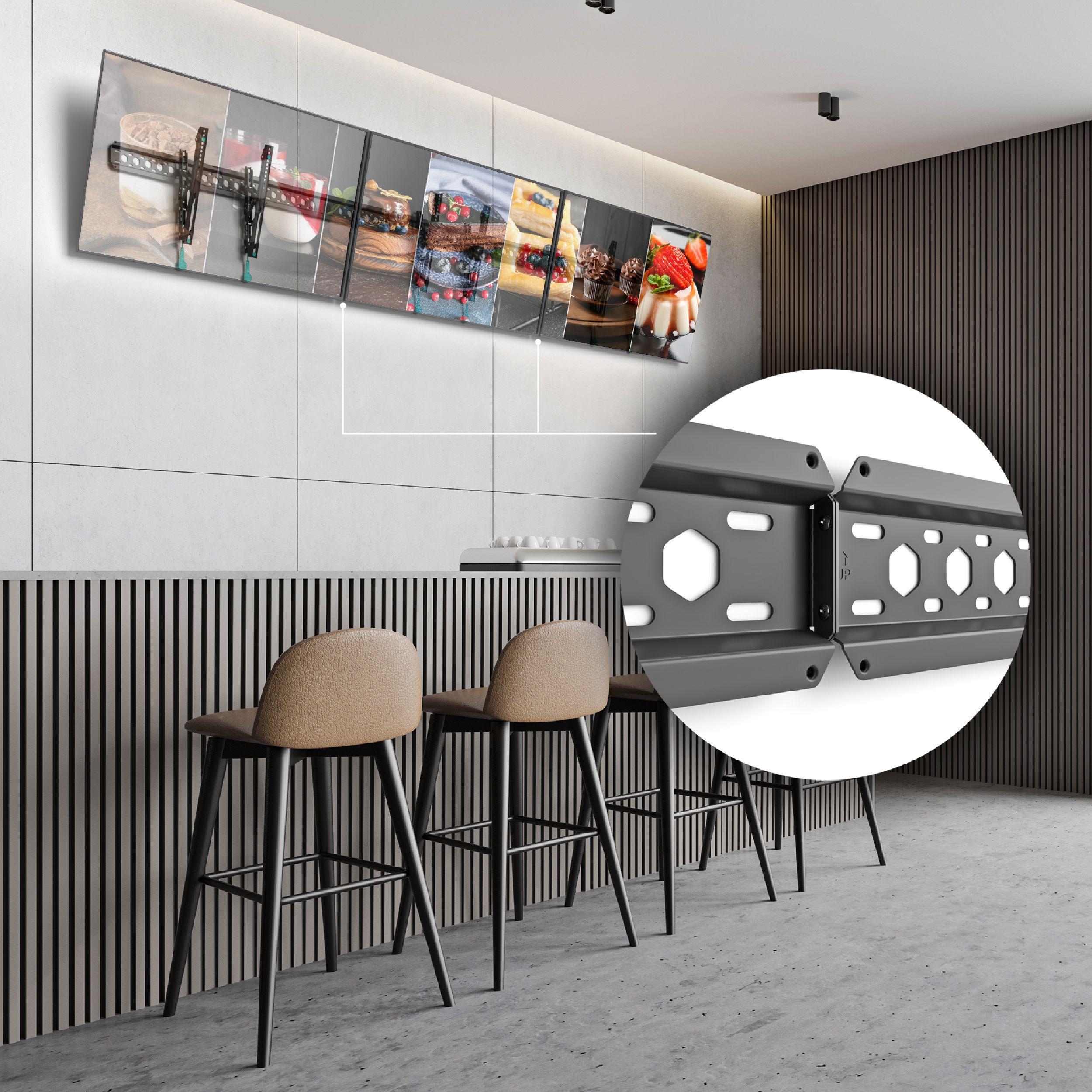 Pokój z ekranami telewizyjnymi wyświetlającymi zdjęcia jedzenia. Stołki barowe przed pasiastą ścianą. Zbliżenie pokazuje uchwyt TV.