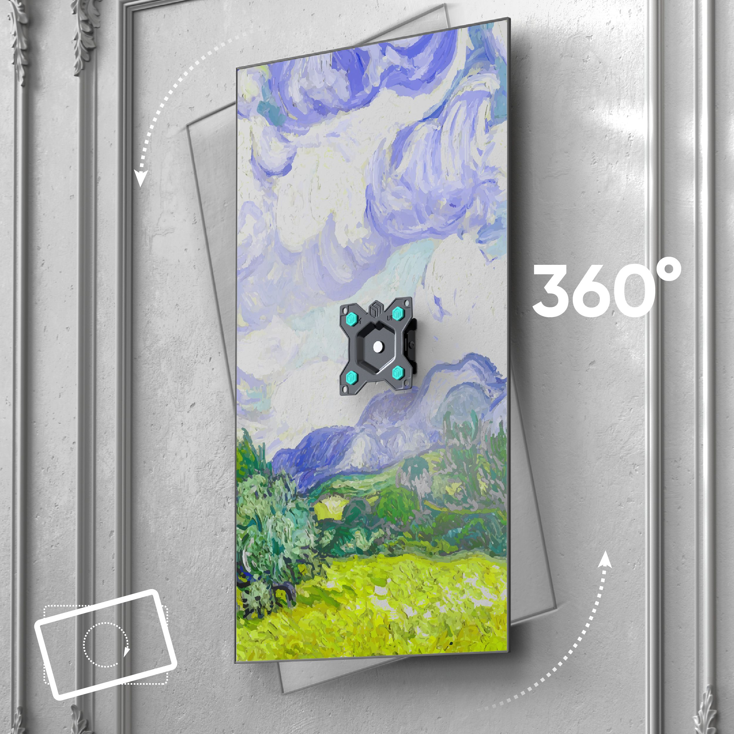 Obraz krajobrazu z uchwytem montażowym na szarej ścianie. Obraz przedstawia zielone pole i błękitne niebo.