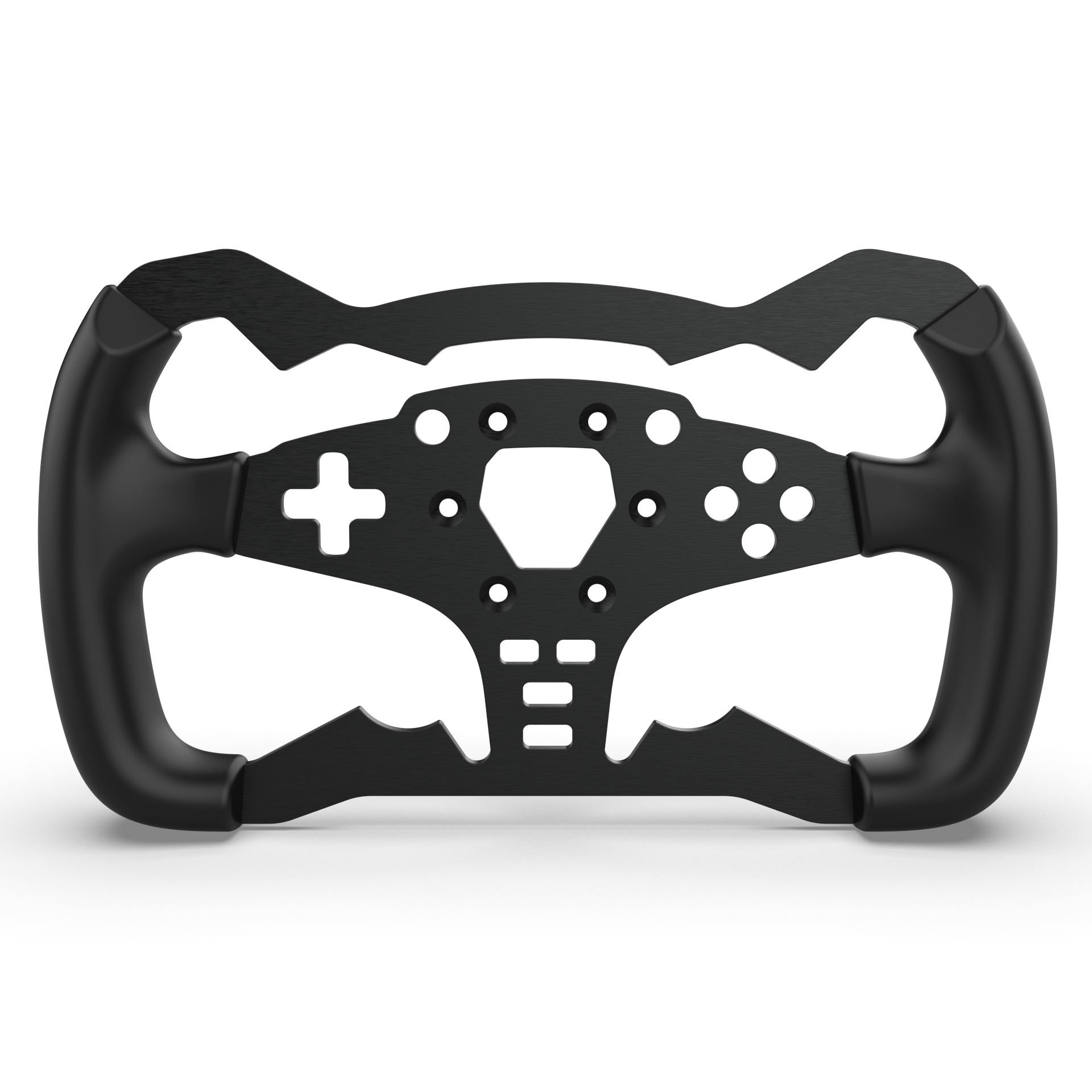 Volant de course noir isolé sur blanc. Il a un design complexe avec des trous et un signe plus.