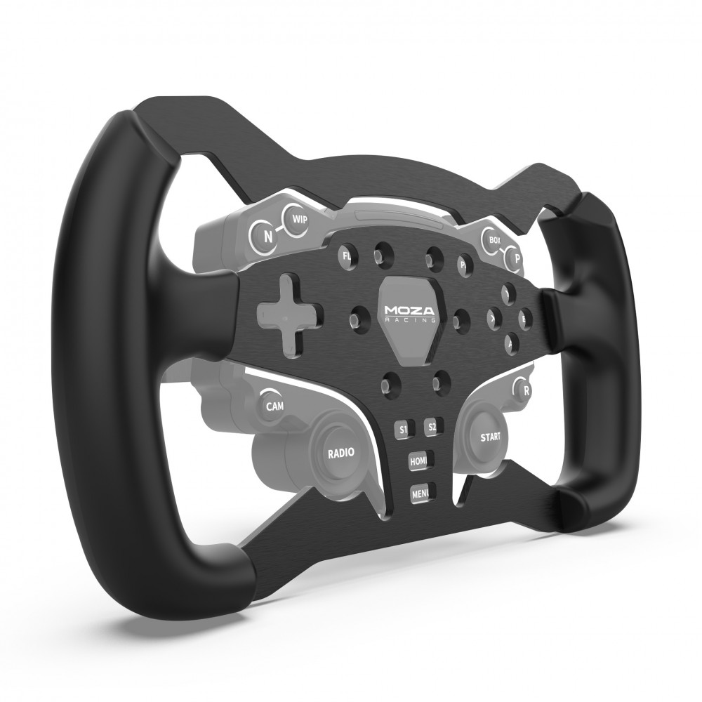 Volant de course noir avec boutons, un symbole plus et le logo 'MOZA Racing'. Le fond est blanc.