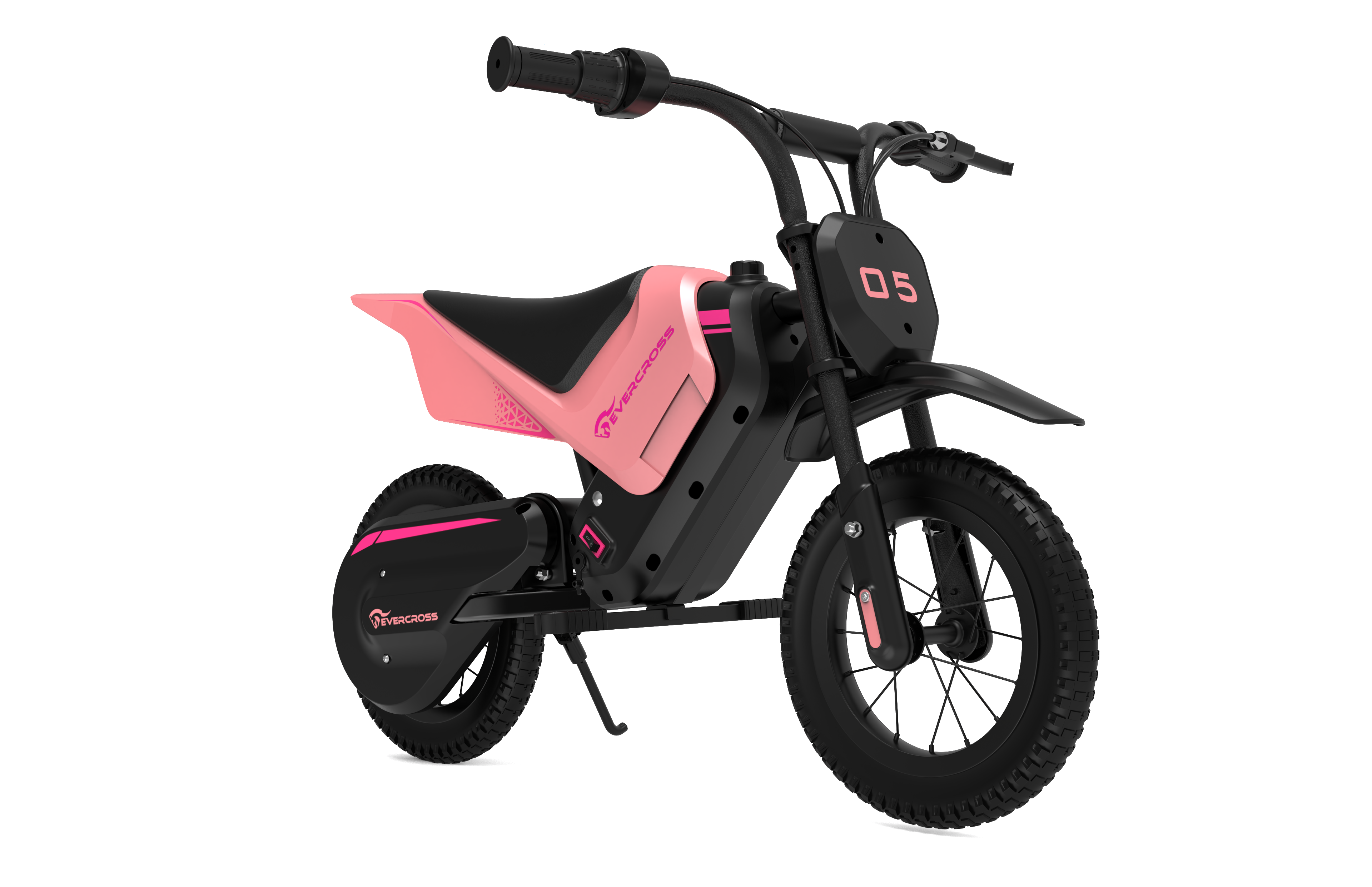 Une moto tout-terrain électrique Evercross rose et noire. Elle a des pneus noirs, une selle rose et le numéro 05 à l'avant.