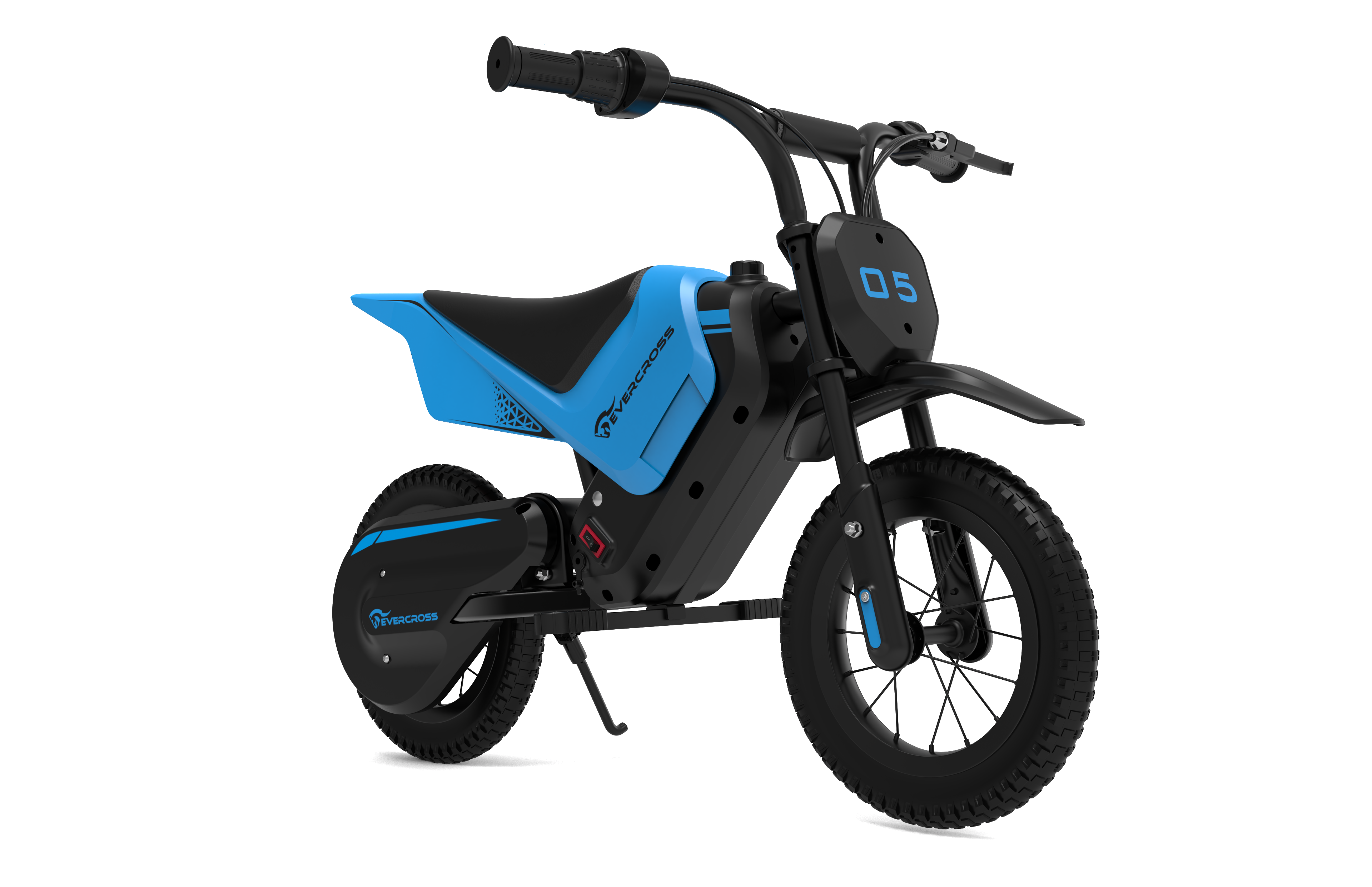 Une moto tout-terrain électrique Evercross bleue et noire. Elle porte le numéro 05 à l'avant et des pneus noirs.