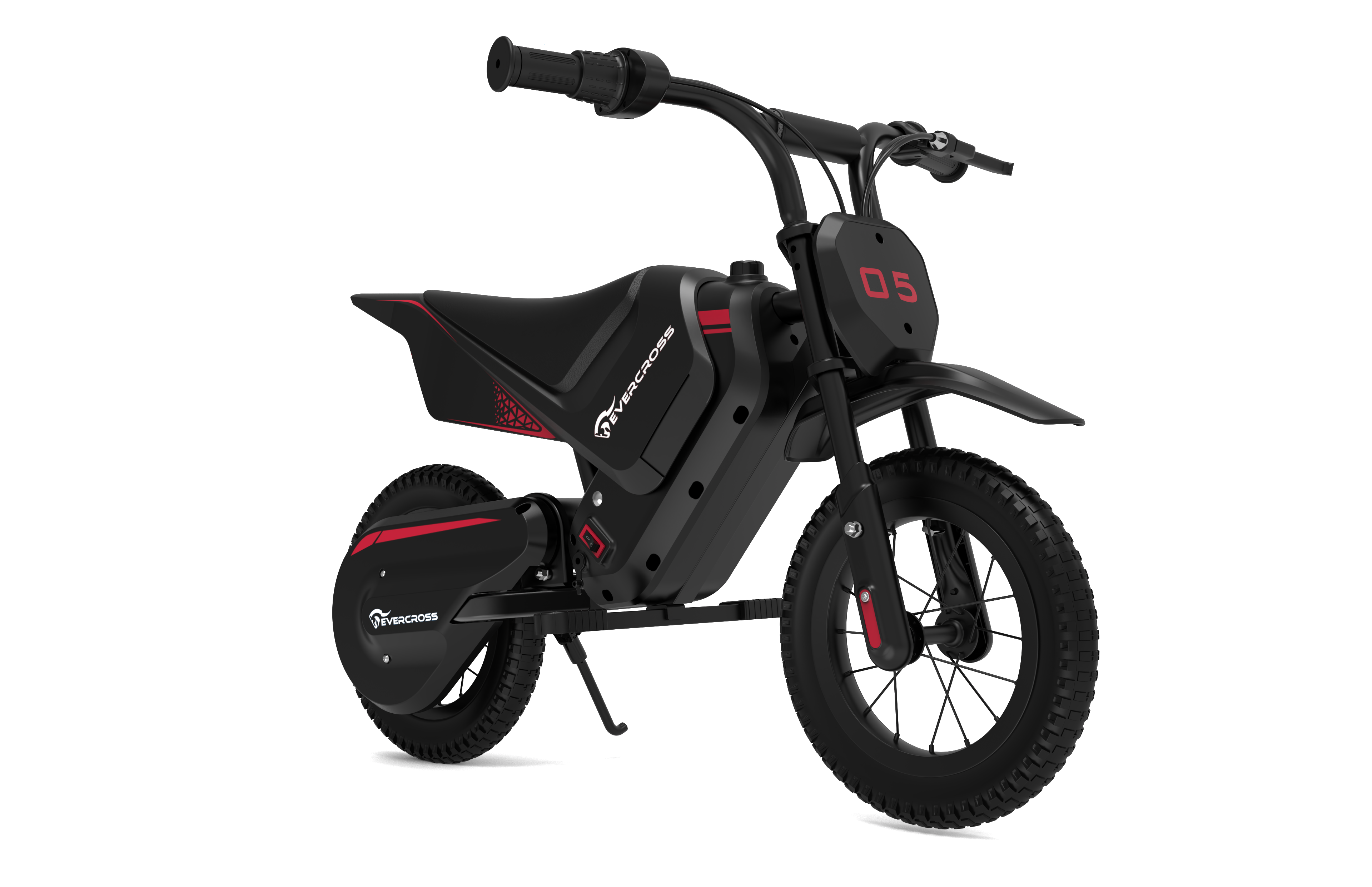 Moto de cross électrique noire et rouge. Pneus, selle, guidon et cadre noirs. Détails rouges et '05' à l'avant.