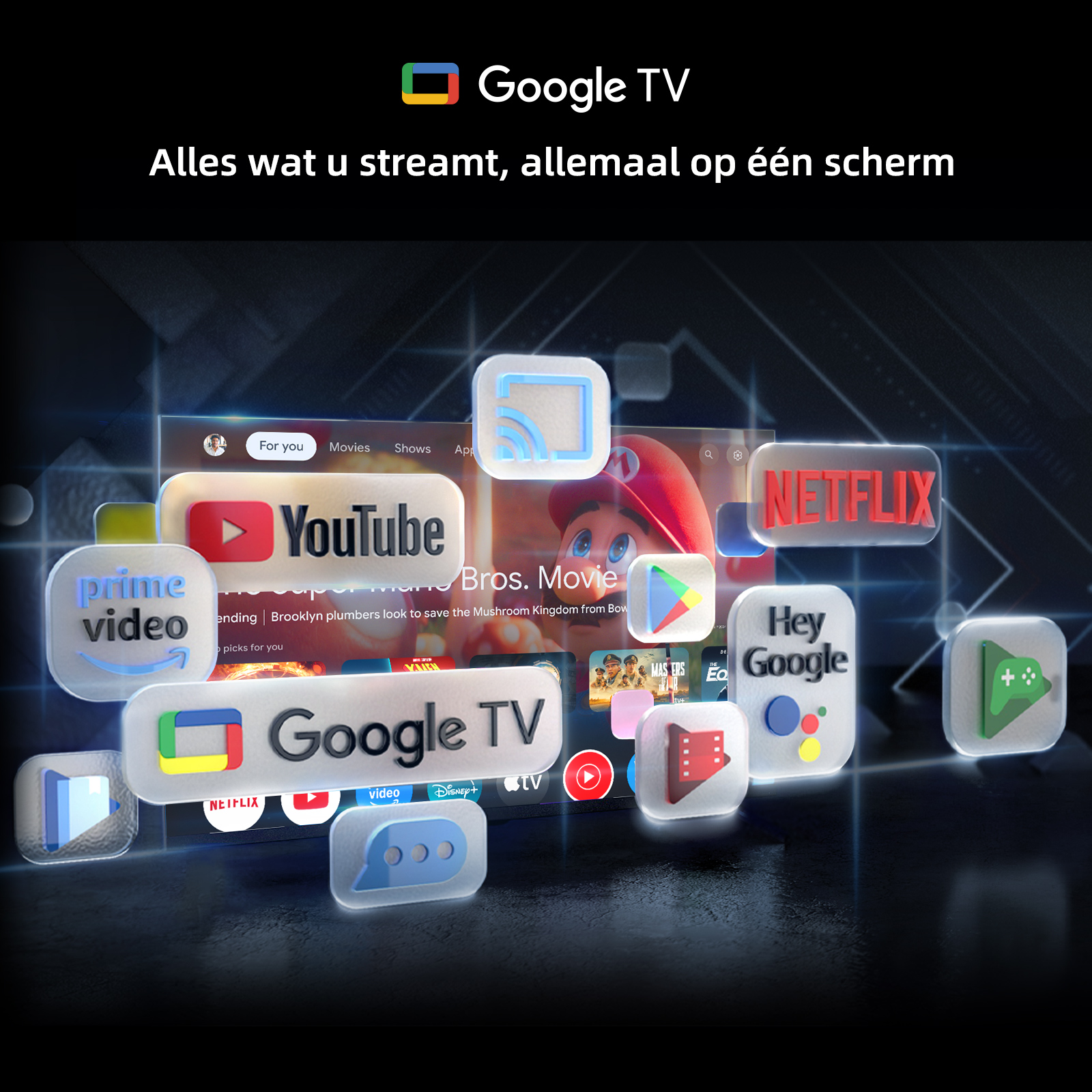 Ekran Google TV z ikonami aplikacji, w tym YouTube, Netflix, Prime Video. Wyświetlany jest film Mario Bros.