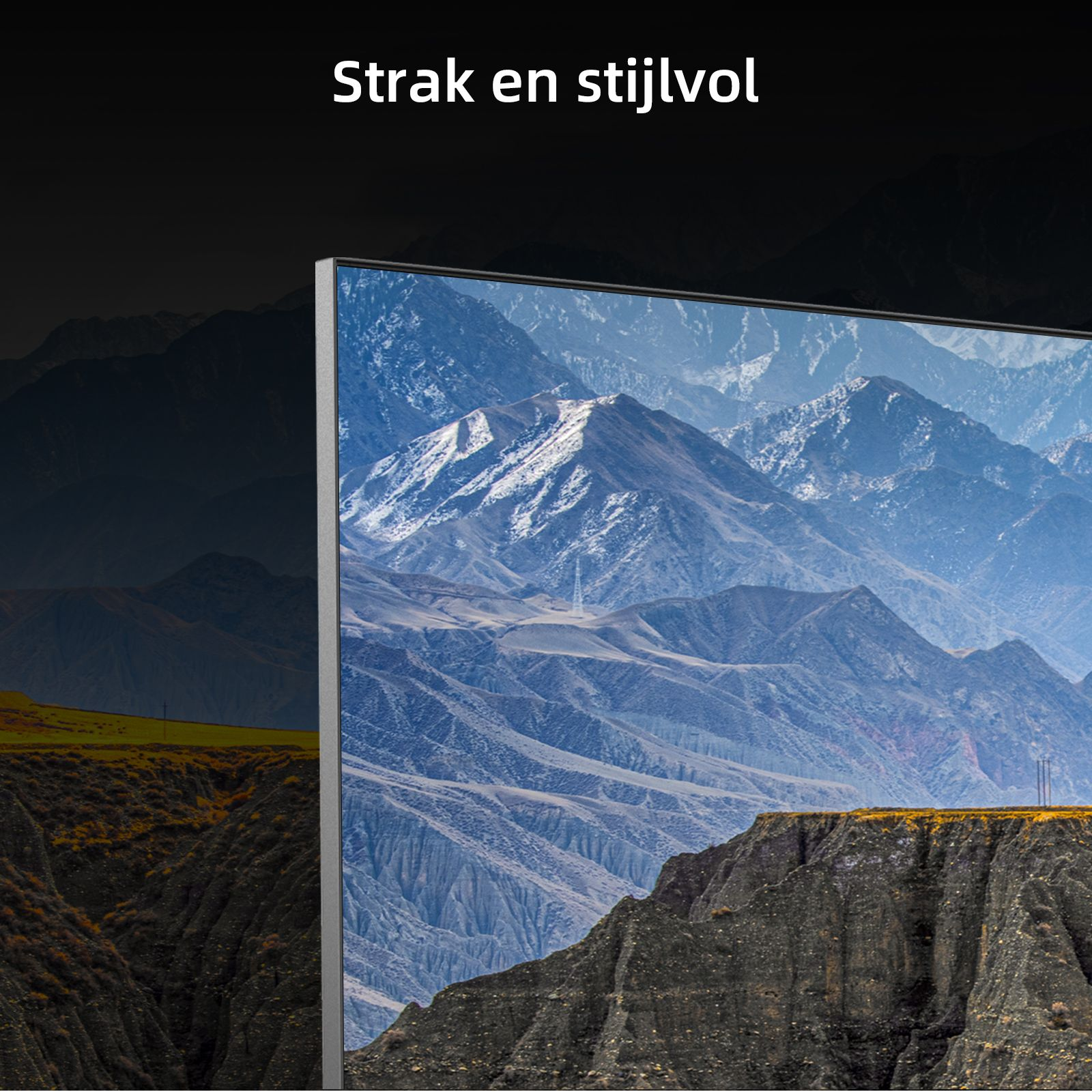 Krajobraz górski z ekranem telewizyjnym. Ekran pokazuje góry. Tekst nad ekranem brzmi "Strak en stijlvol".