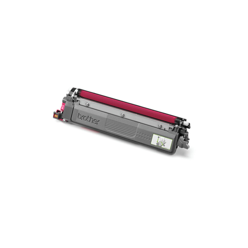 A Brother toner cartridge with a magenta roller and a gray body sits diagonally on a white background.