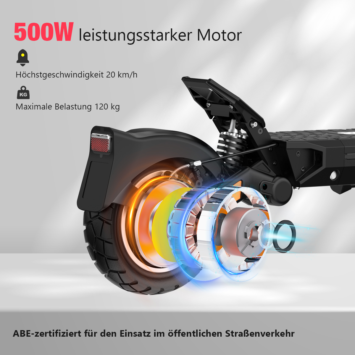 Ein Elektroroller mit 500W Motor. Spezifikationen: 20 km/h max. Geschwindigkeit, 120 kg max. Belastung. Text: ABE-zertifiziert für den öffentlichen Straßenverkehr.