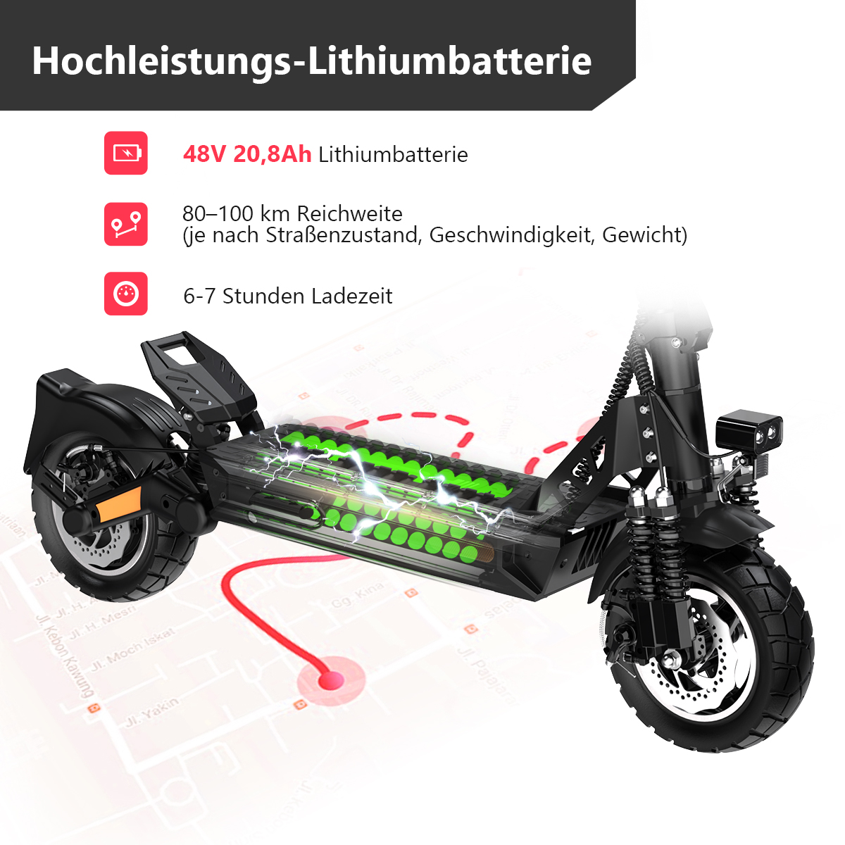 Schwarzer Elektroroller mit Batterieangaben. Zeigt Reichweite, Ladezeit und Batteriespezifikationen auf Kartenhintergrund.