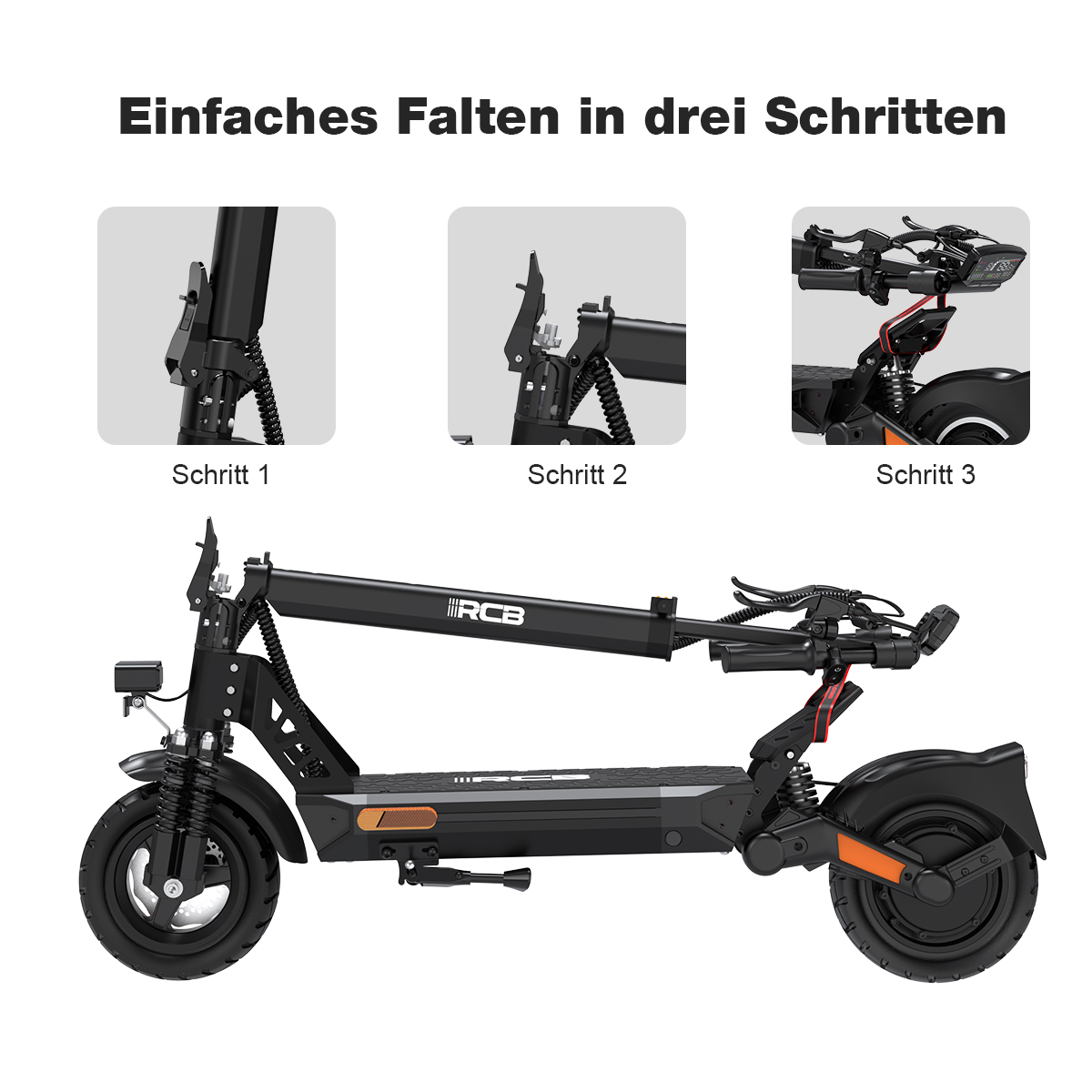 Das Bild zeigt einen schwarzen Elektroroller. Drei Einlagen zeigen Faltvorgänge. Der Roller steht vor weißem Hintergrund.