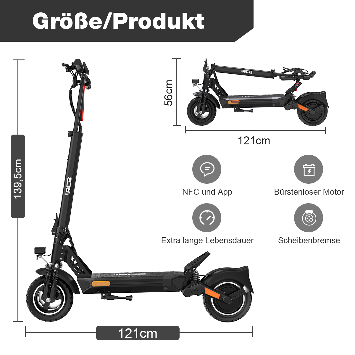 Ein Elektroroller mit Abmessungen. Der Roller ist schwarz und hat orangefarbene Akzente. Textbeschriftungen beschreiben Funktionen wie NFC und Motor.