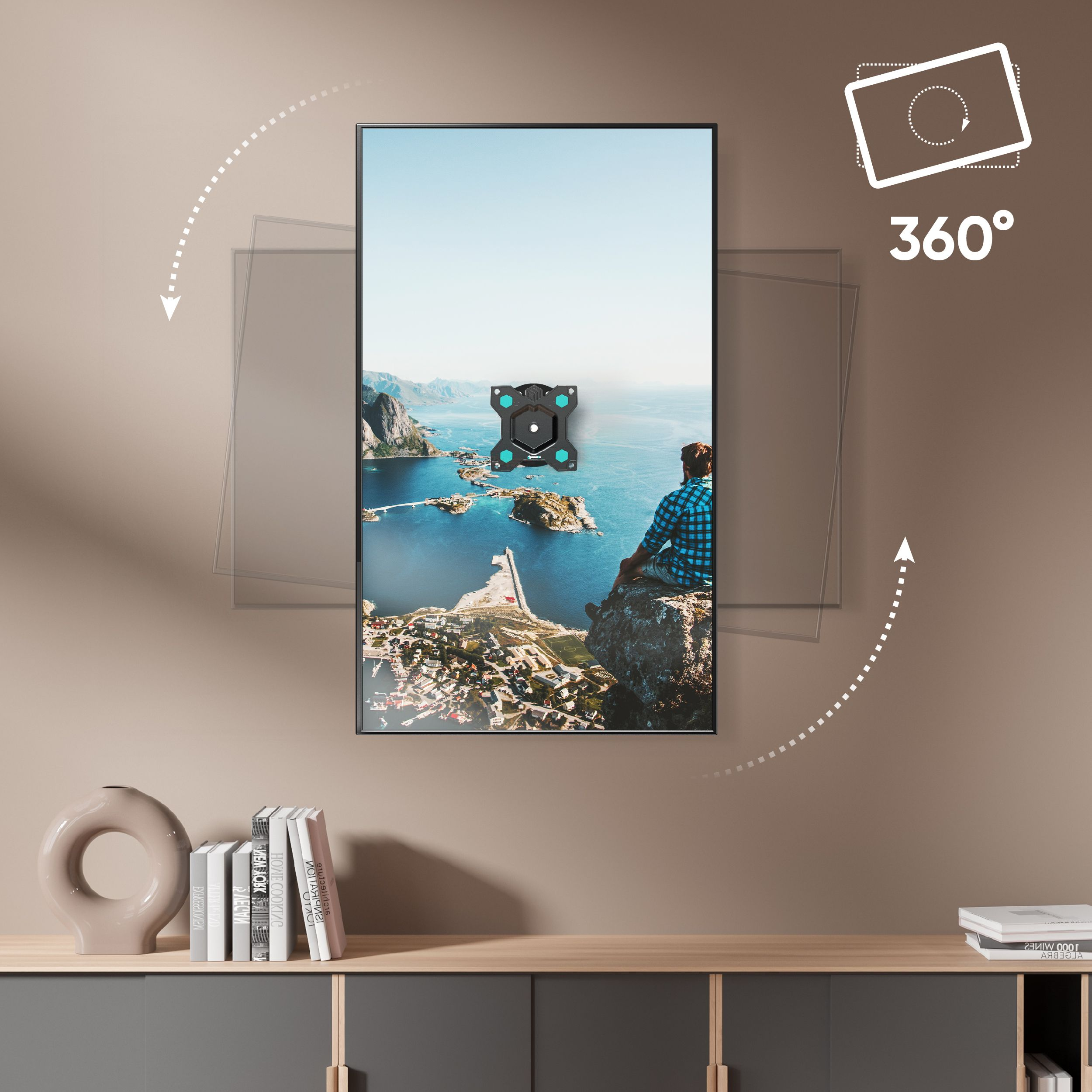 Un televisor con soporte de pared. Una imagen panorámica se muestra en la pantalla. Se indica rotación de 360°.