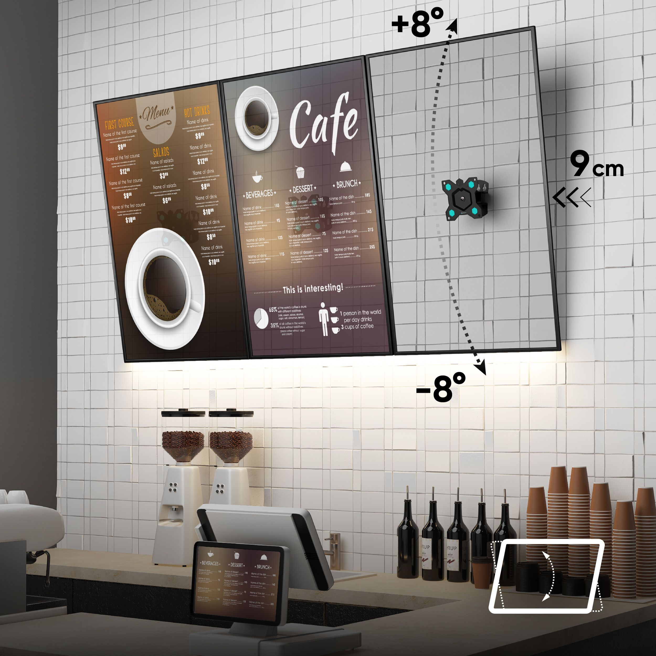 Una escena de cafetería con menús, máquinas de café y una barra con bebidas y tazas. El fondo es de azulejos.