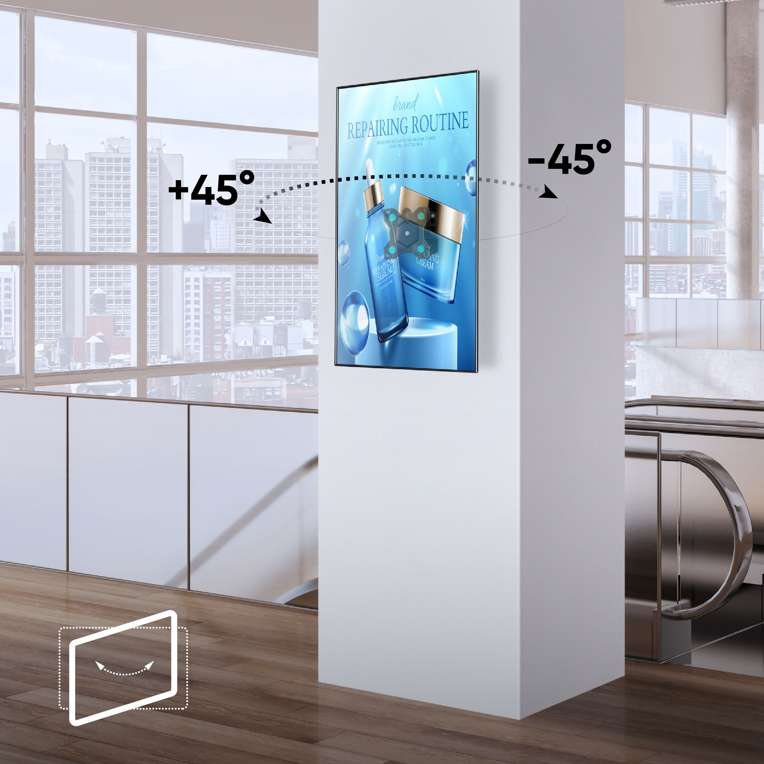 Una pantalla digital en un pilar muestra un anuncio de cosméticos. El fondo presenta una vista de la ciudad con ventanas y una escalera mecánica.