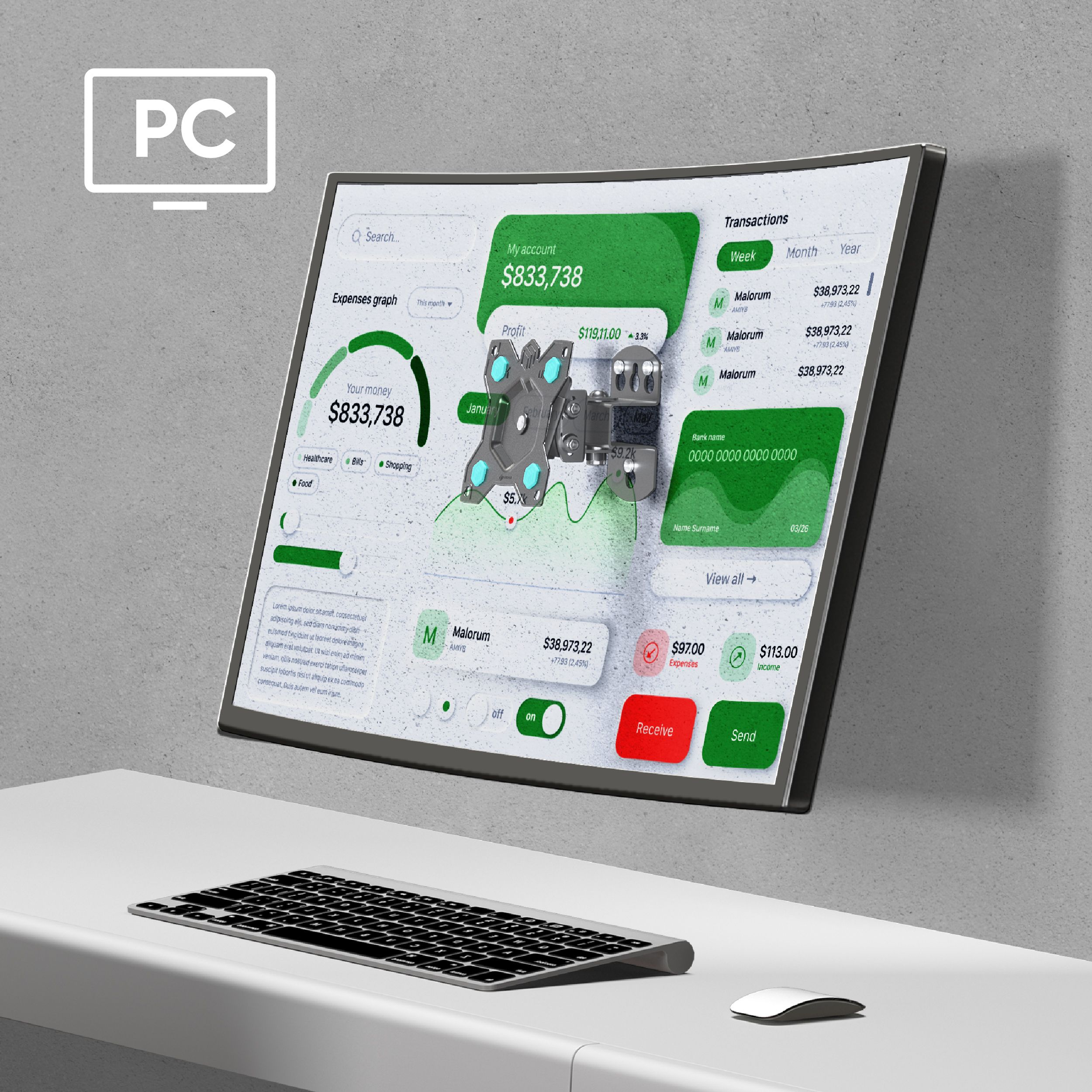 Una pantalla de ordenador muestra datos financieros. Un teclado y un ratón en primer plano.