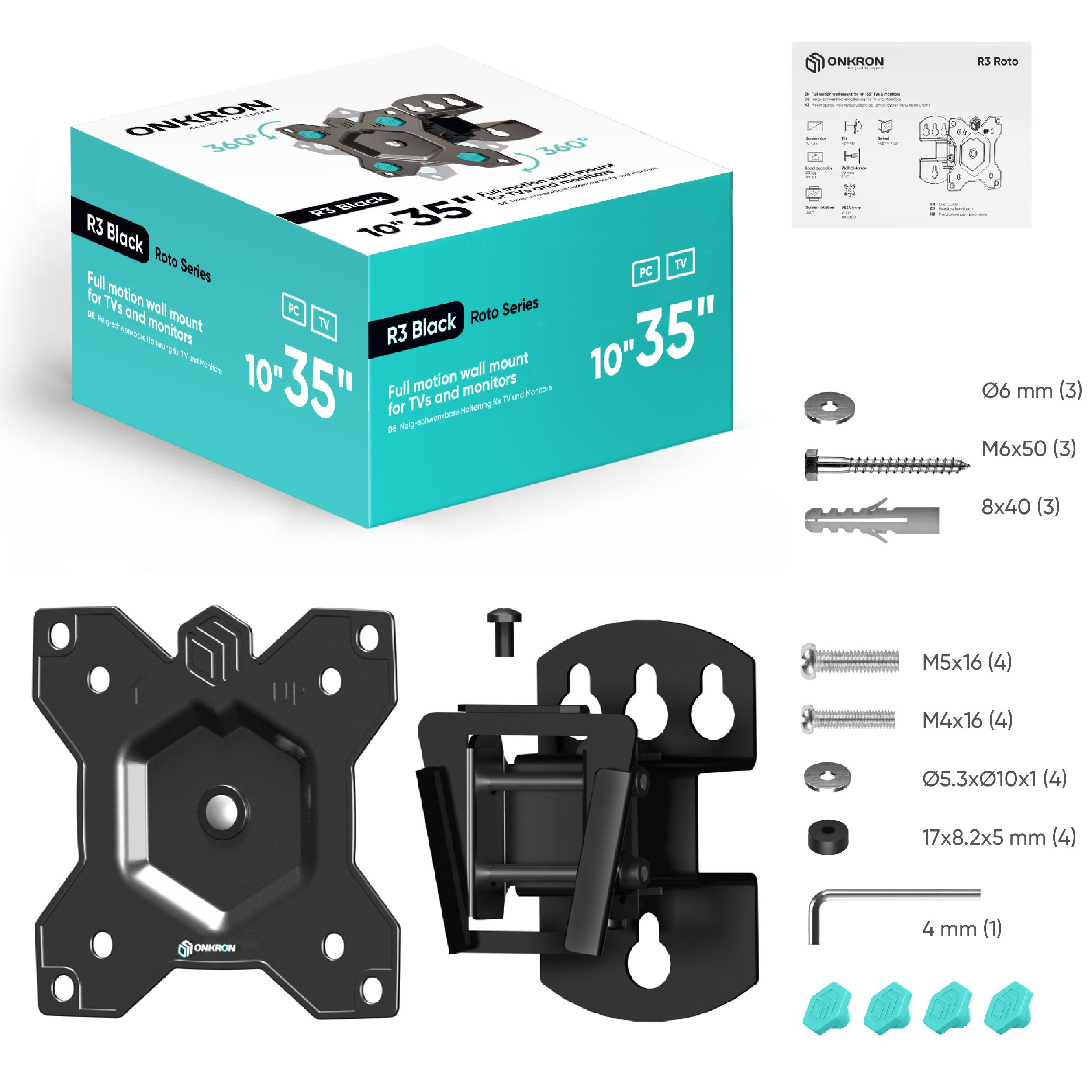 Una imagen muestra un kit de montaje en pared para TV con varios componentes, incluidos tornillos, soportes y una guía del usuario.