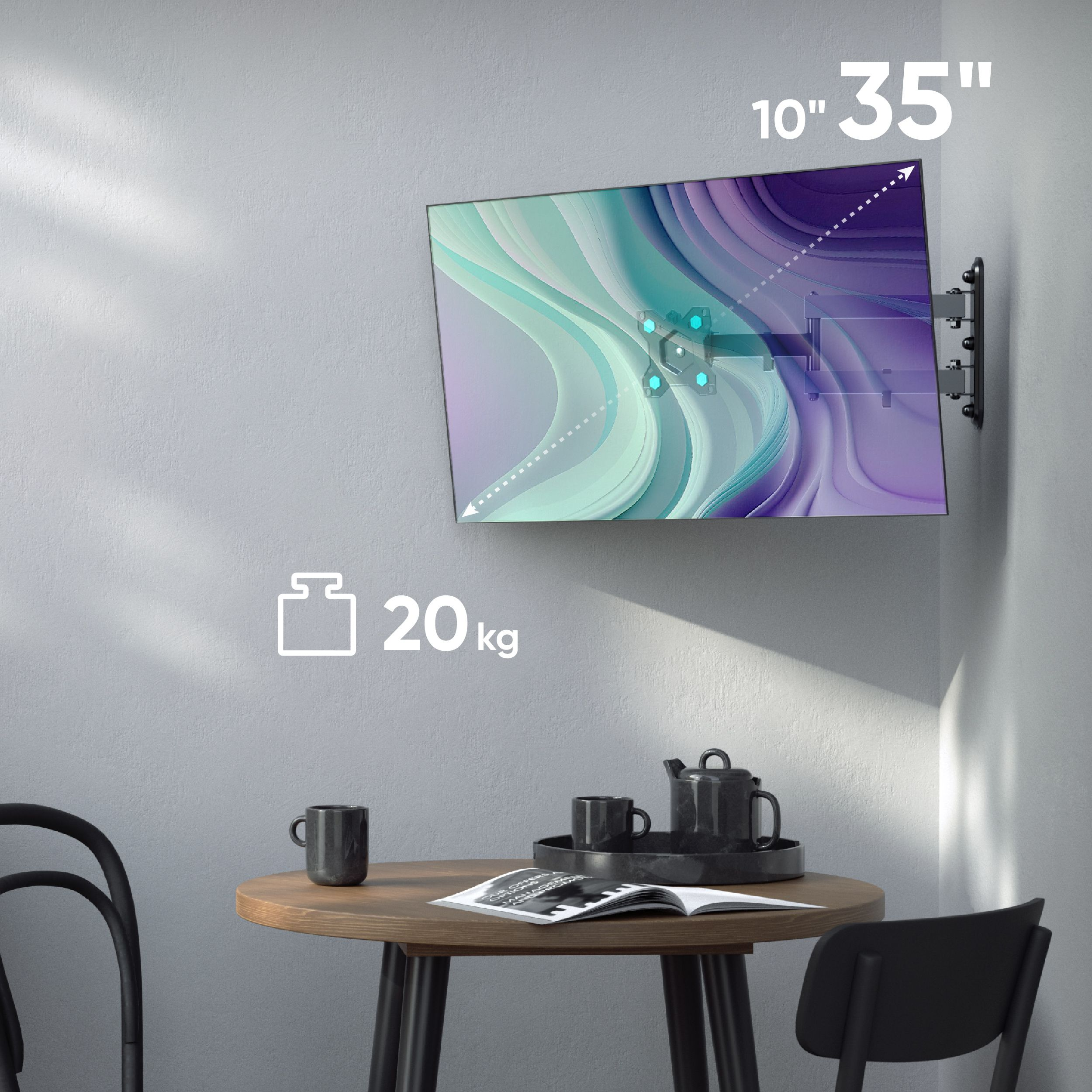 Telewizor zamontowany na ścianie, przed nim stół i krzesła. Tekst wyświetla rozmiar i wagę.