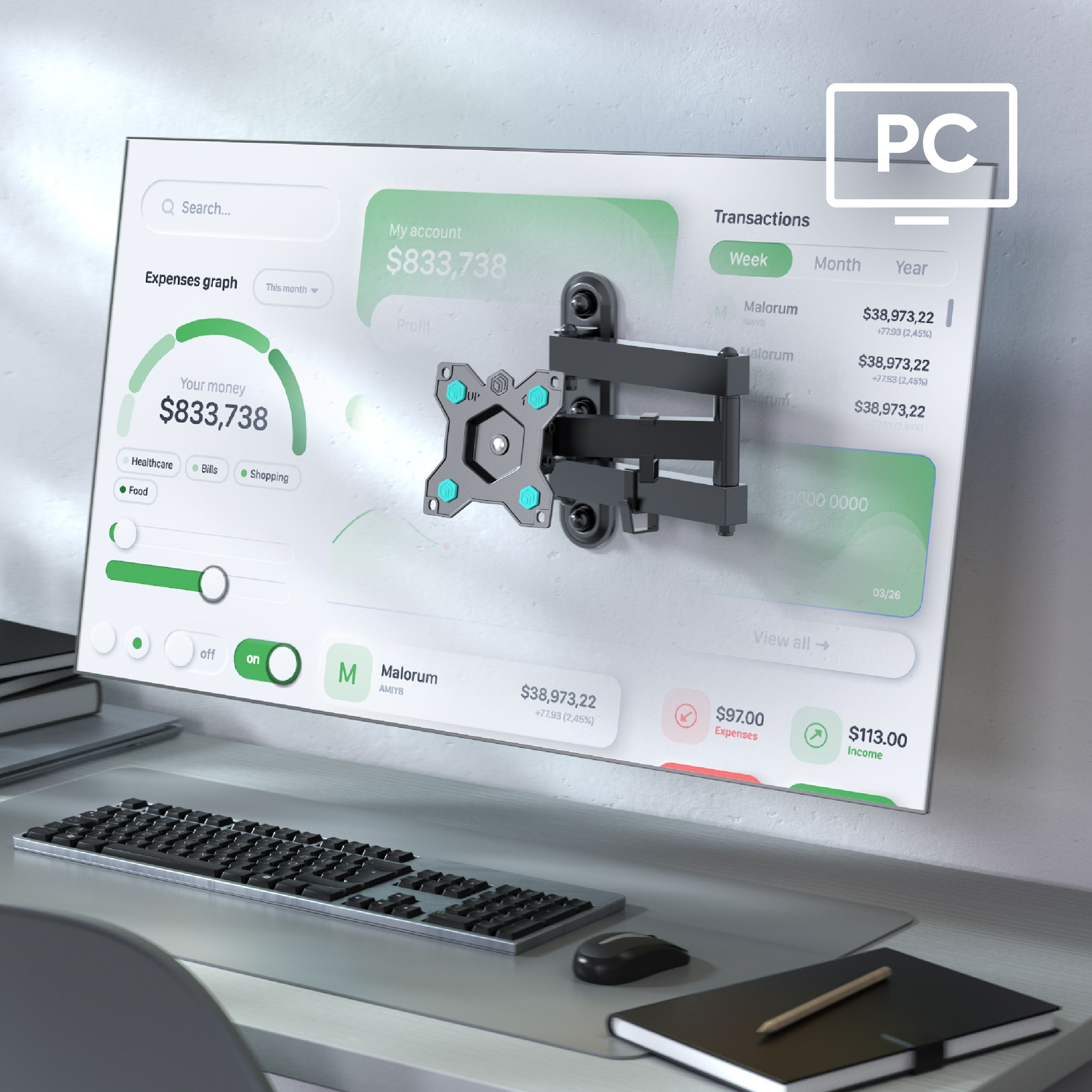 Ekran komputera wyświetla dane finansowe. Uchwyt do monitora jest przymocowany do ściany. Klawiatura, mysz i notatnik leżą na biurku.