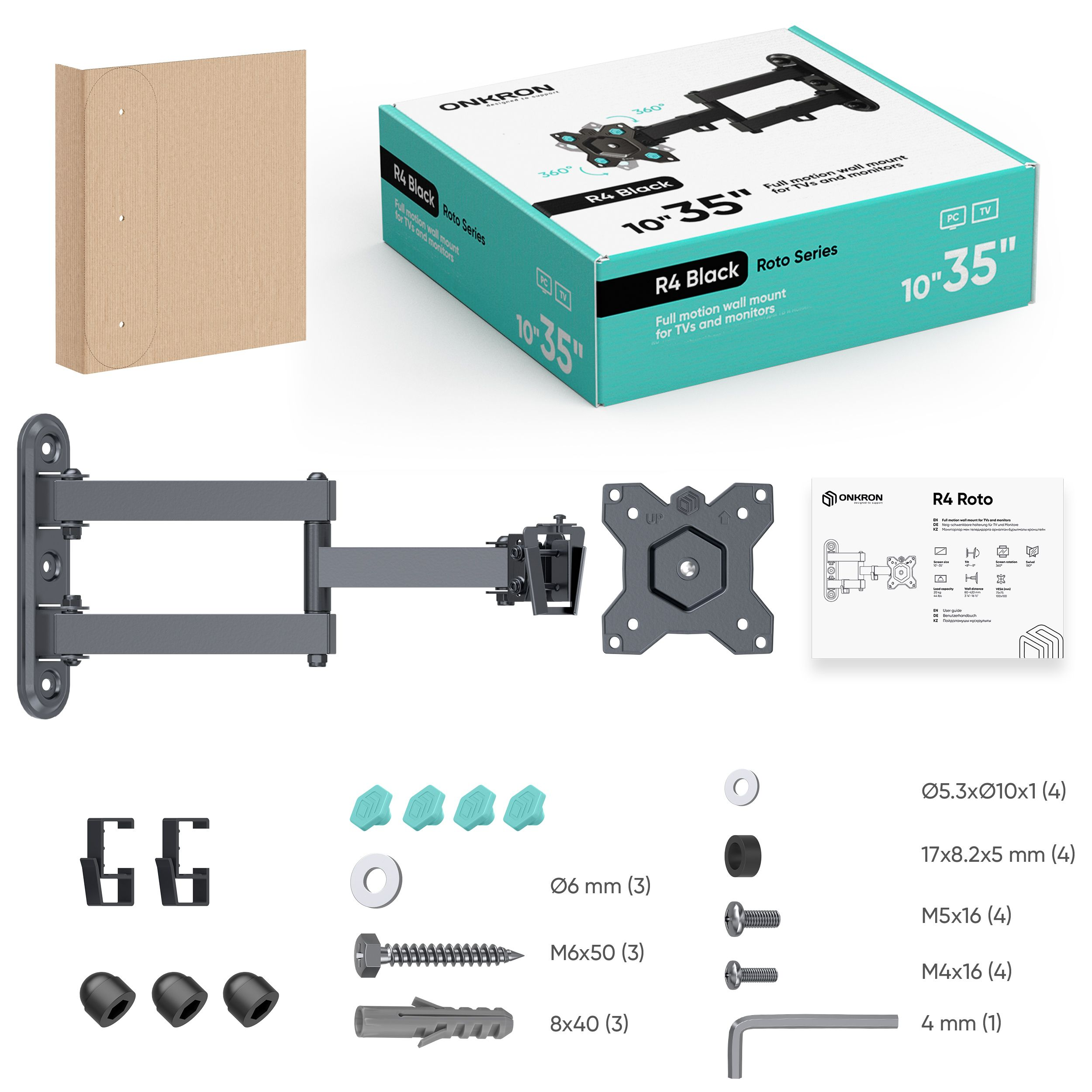 Obraz przedstawia zestaw do montażu TV z różnymi częściami, w tym szablonem kartonowym, uchwytem, śrubami i pudełkiem.