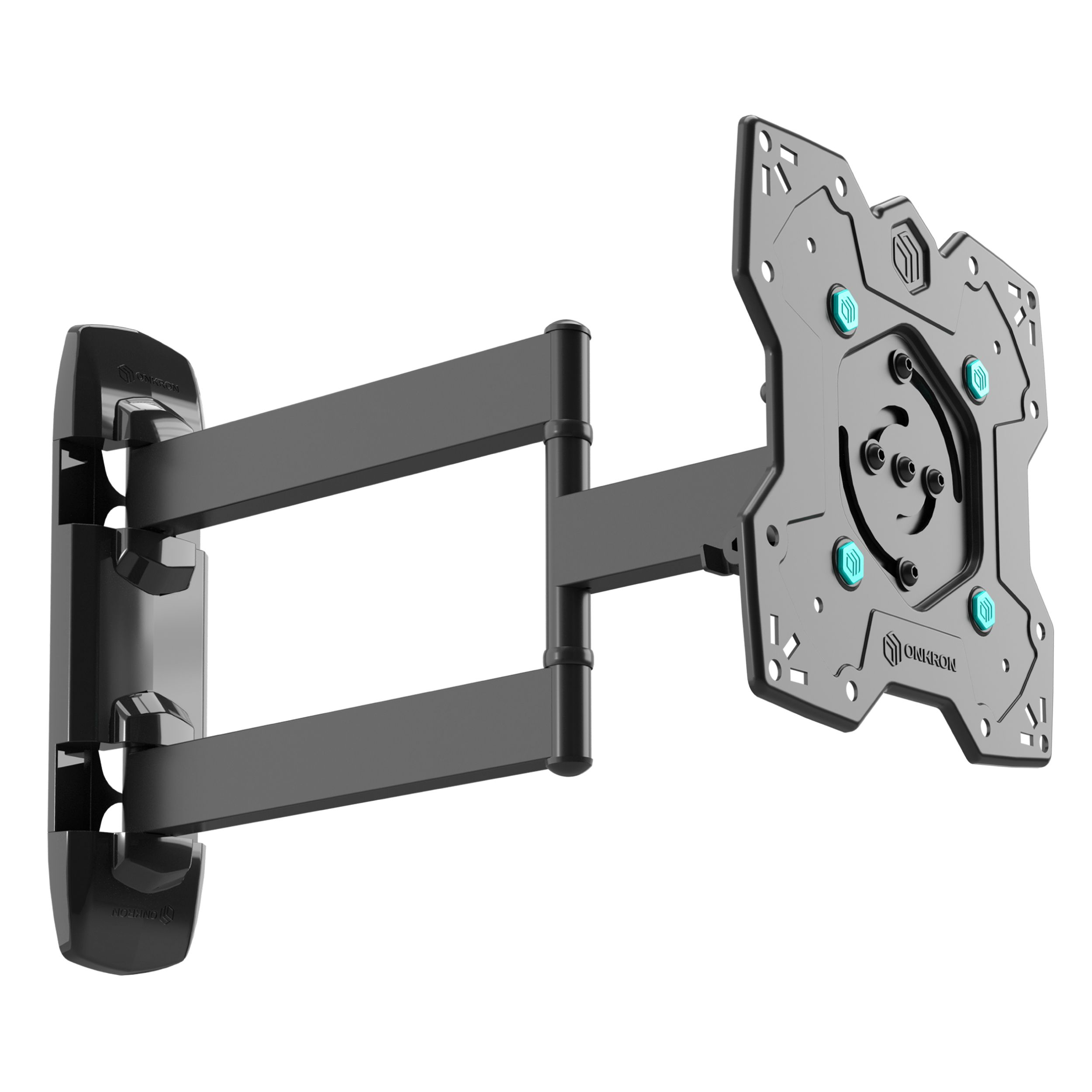 Czarny, przegubowy uchwyt ścienny do telewizora. Składa się z płyty ściennej, ramion i wspornika z turkusowymi akcentami.