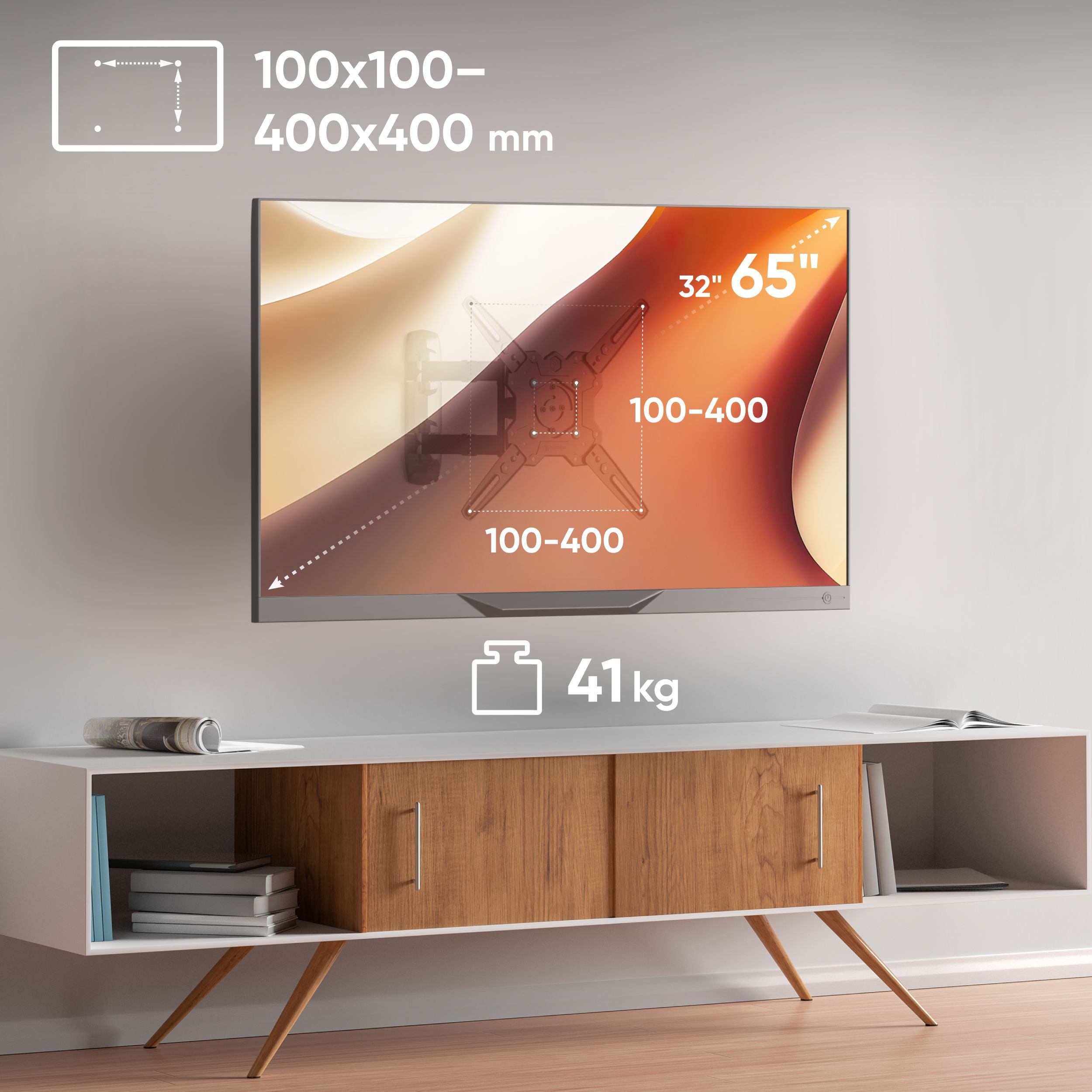 Telewizor zamontowany na ścianie nad drewnianą i białą szafką. Wskazano wymiary, wagę i rozmiar ekranu.