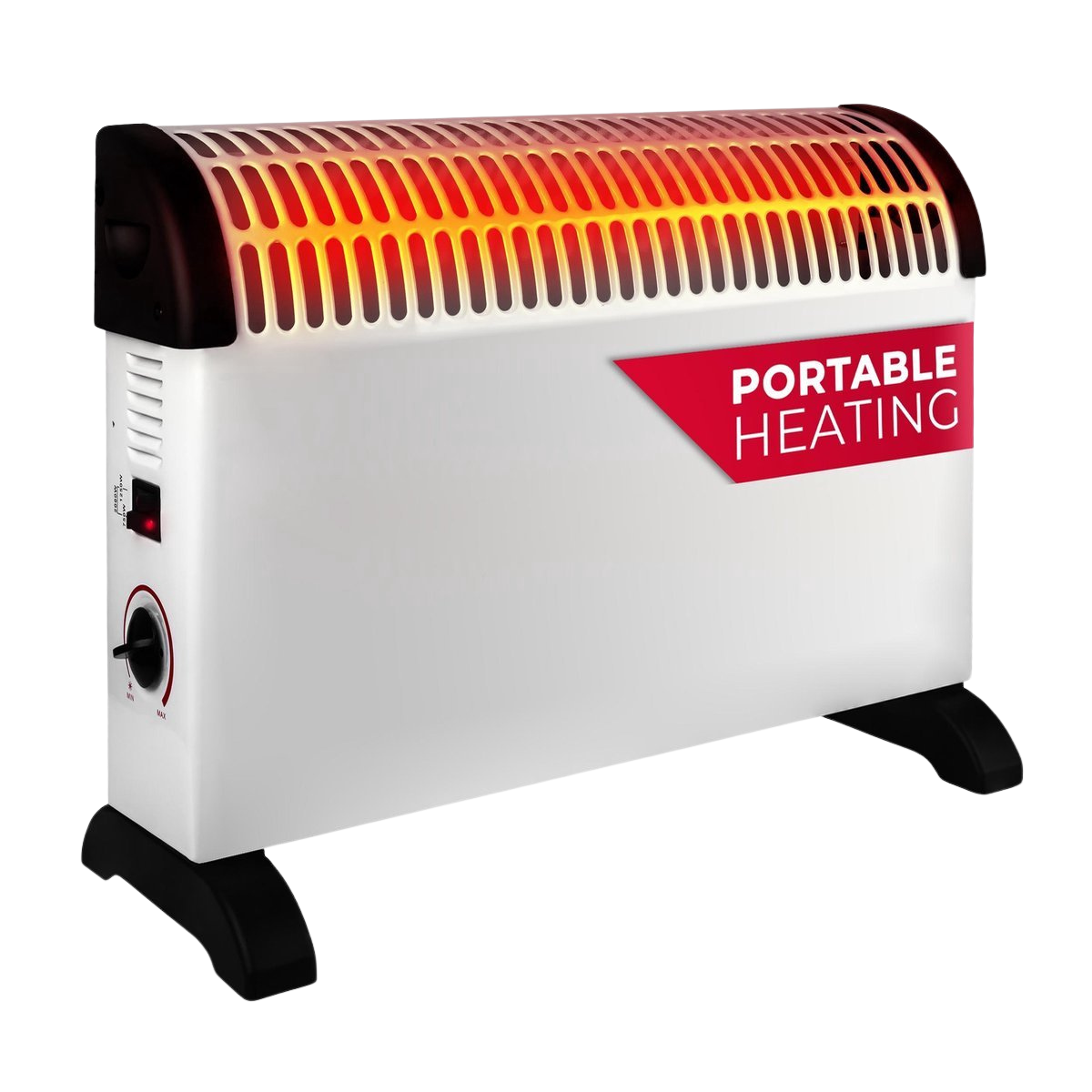 Een witte draagbare kachel met rode verwarmingselementen, een zwarte basis en een rood label met "PORTABLE HEATING".