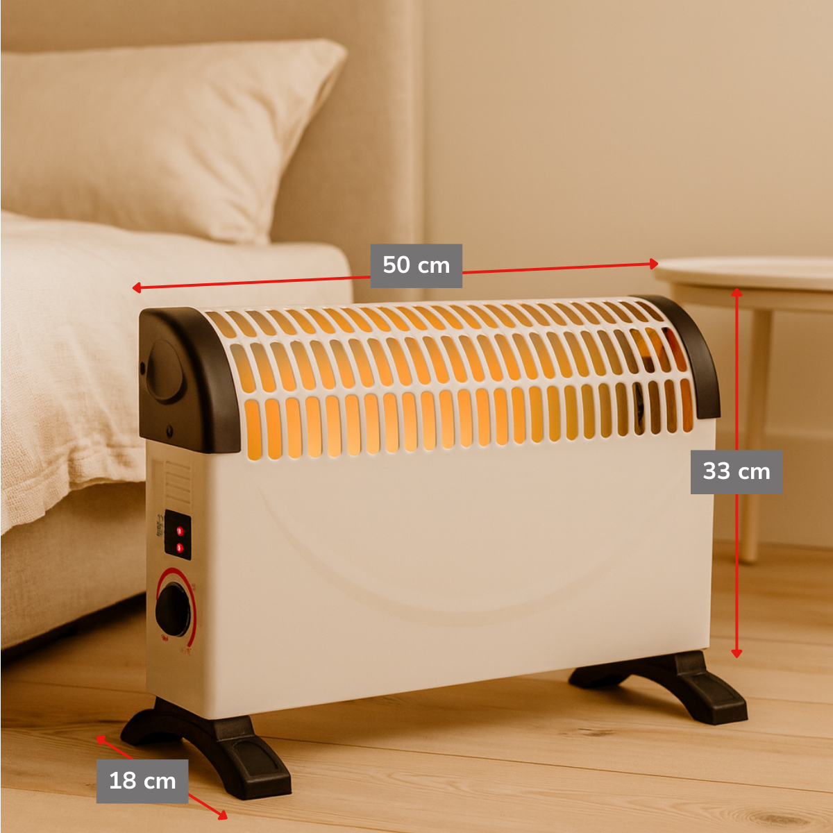 Een witte elektrische kachel met zwarte accenten, afmetingen getoond. Op de achtergrond zijn een bed, een tafel en een houten vloer te zien.