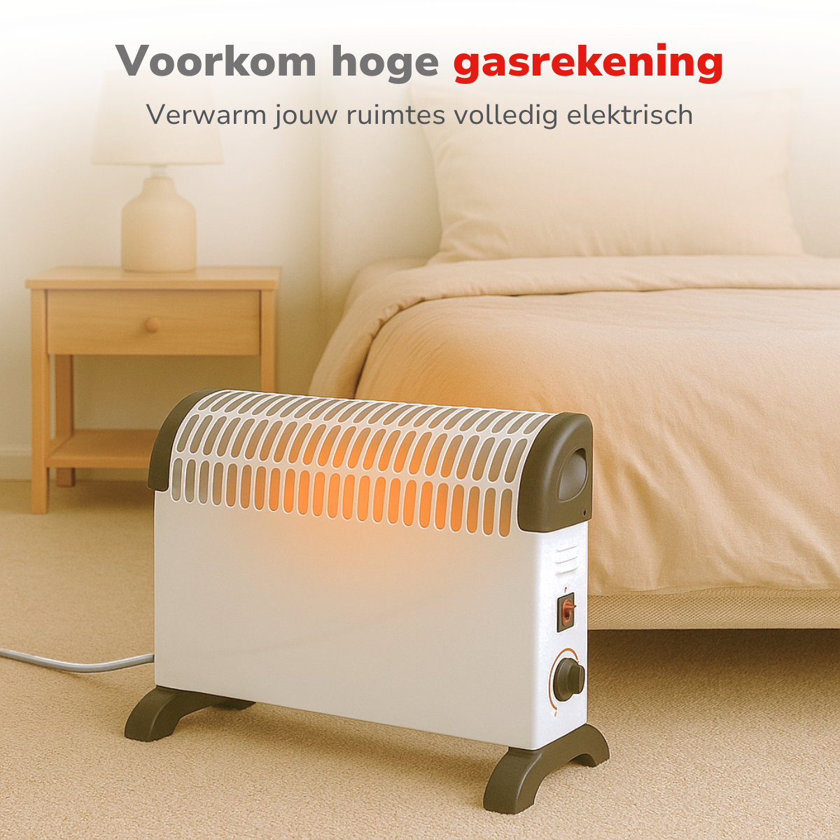 Een witte elektrische kachel staat in een slaapkamer. De kachel staat voor een bed. De tekst in de afbeelding luidt: 'Vermijd hoge gasrekeningen'.