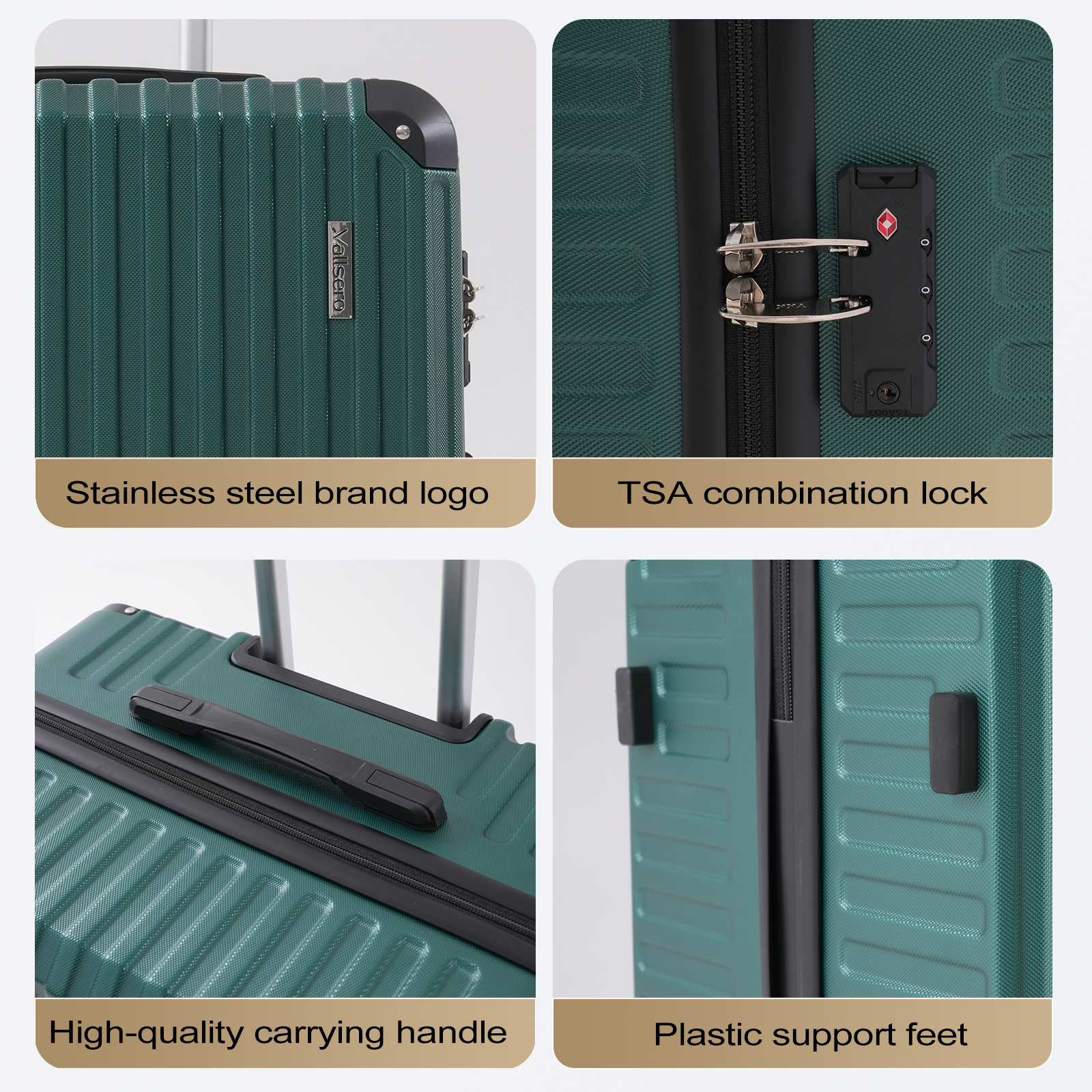 Green suitcase details: brand logo, TSA lock, handle, and support feet. Textured surface. Black accents. Close-up shots highlight features.