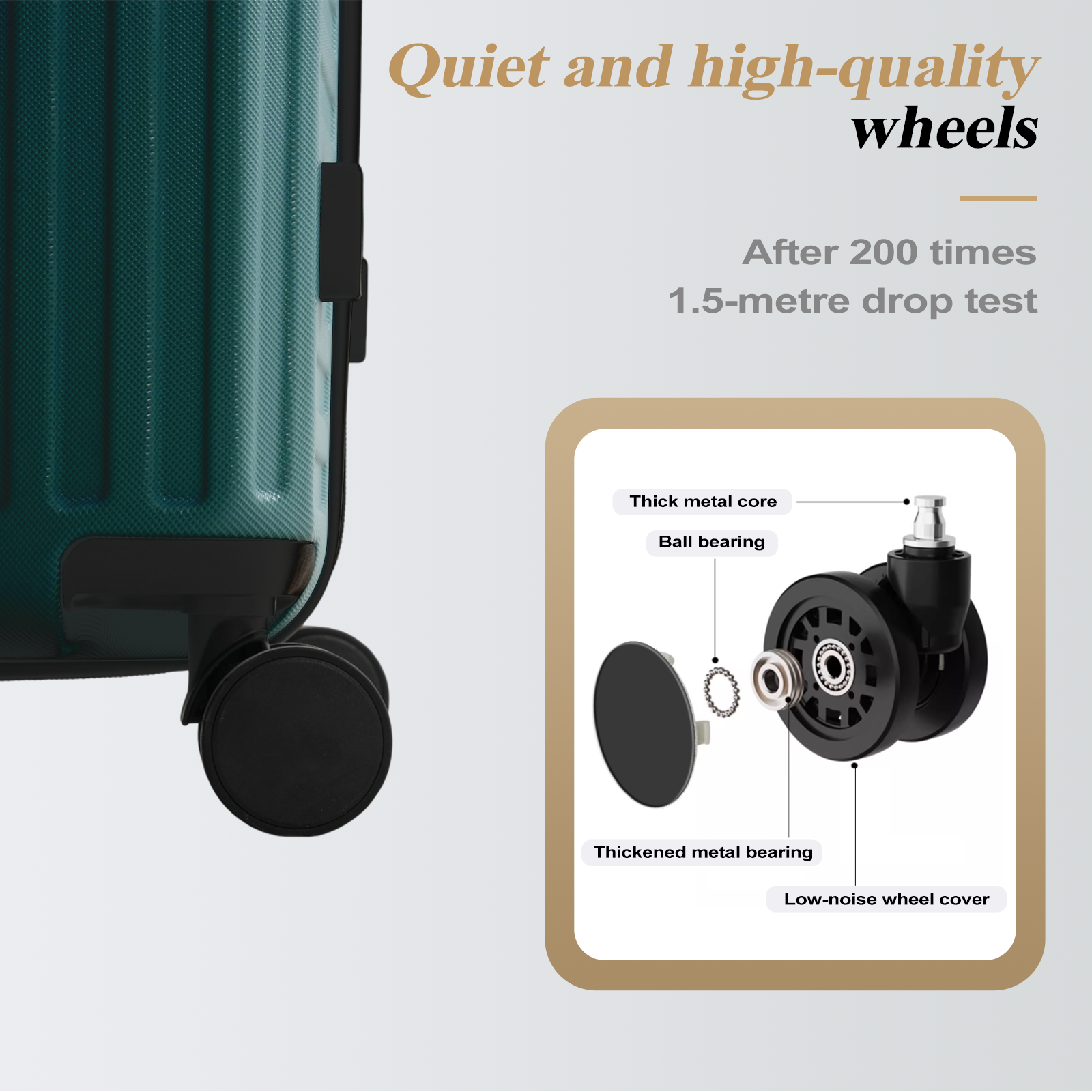 A green suitcase with black wheels. Details include a thick metal core, ball bearing, and a low-noise wheel cover.