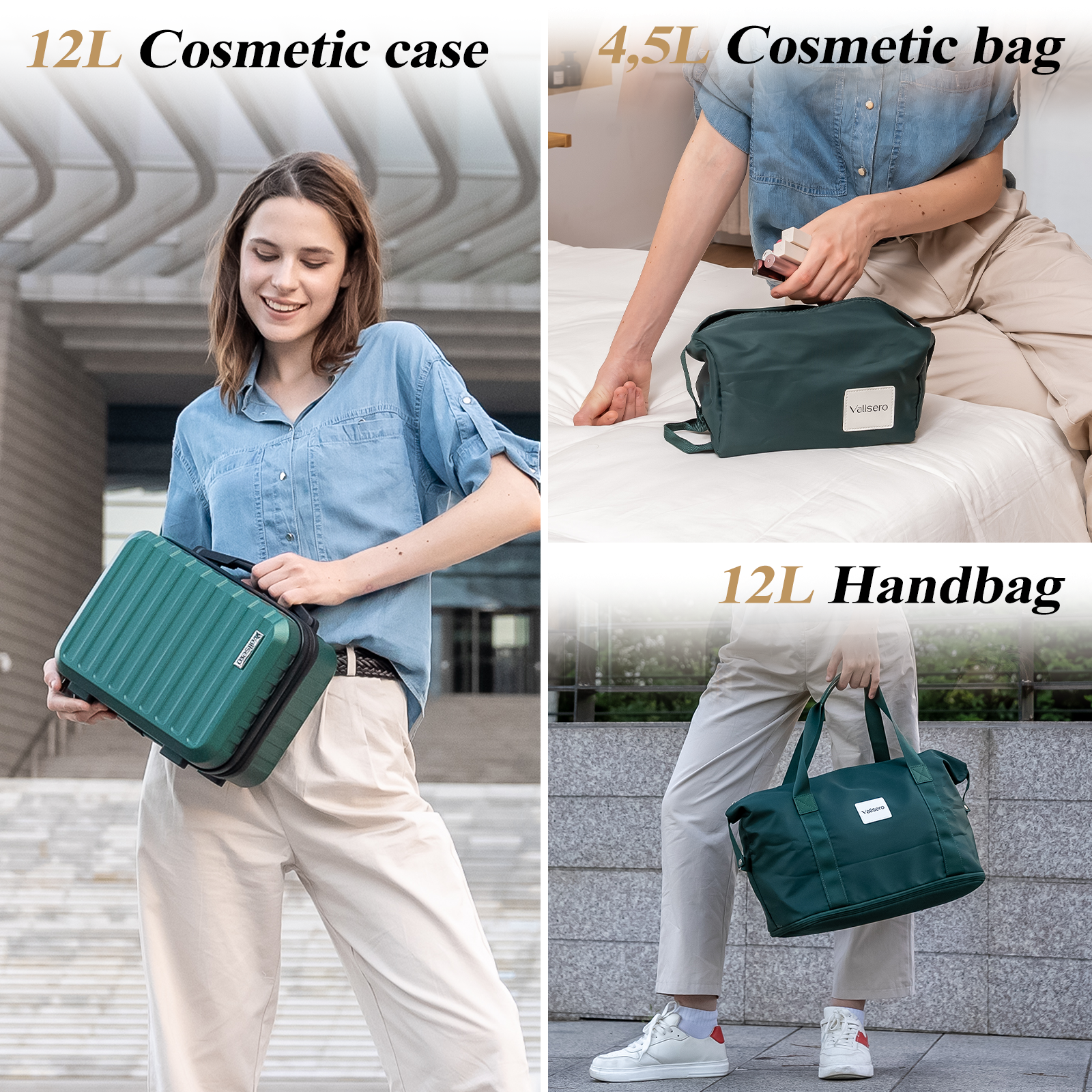 Image shows a woman holding a green cosmetic case, a person with a cosmetic bag, and a person holding a green handbag.