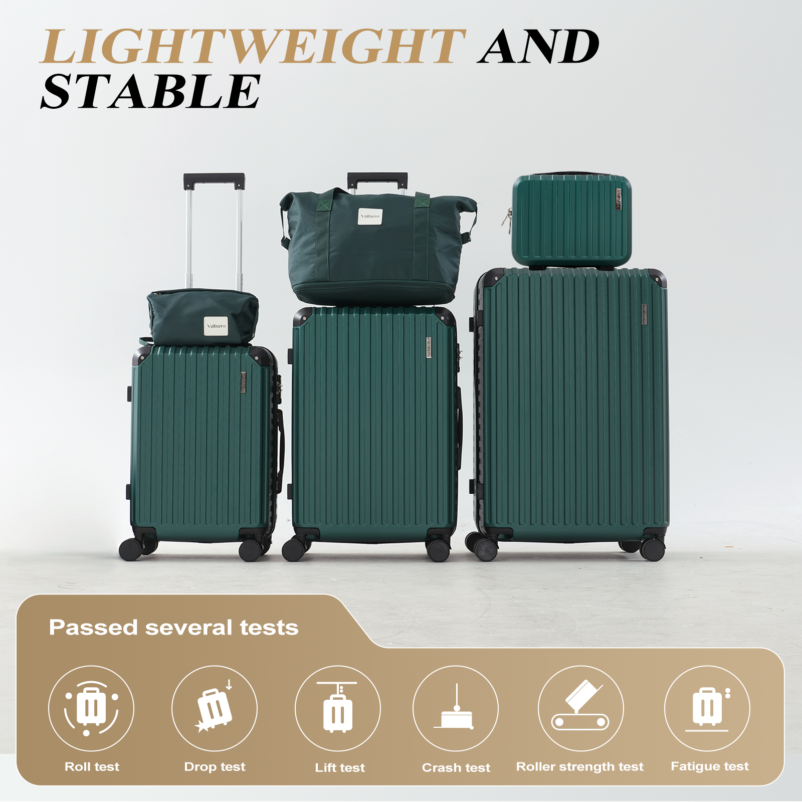 Set of green suitcases and bags. Text 'Lightweight and Stable' at the top.  Tests icons below.