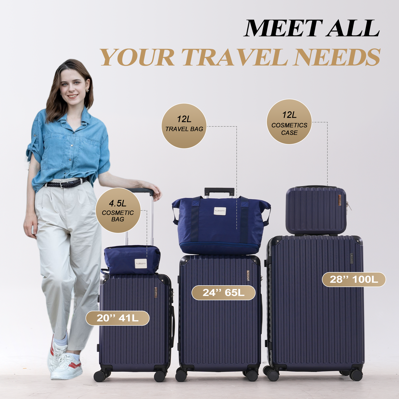 Woman stands by luggage set. Navy blue bags and suitcases of various sizes are displayed. Text reads 'Meet All Your Travel Needs'.