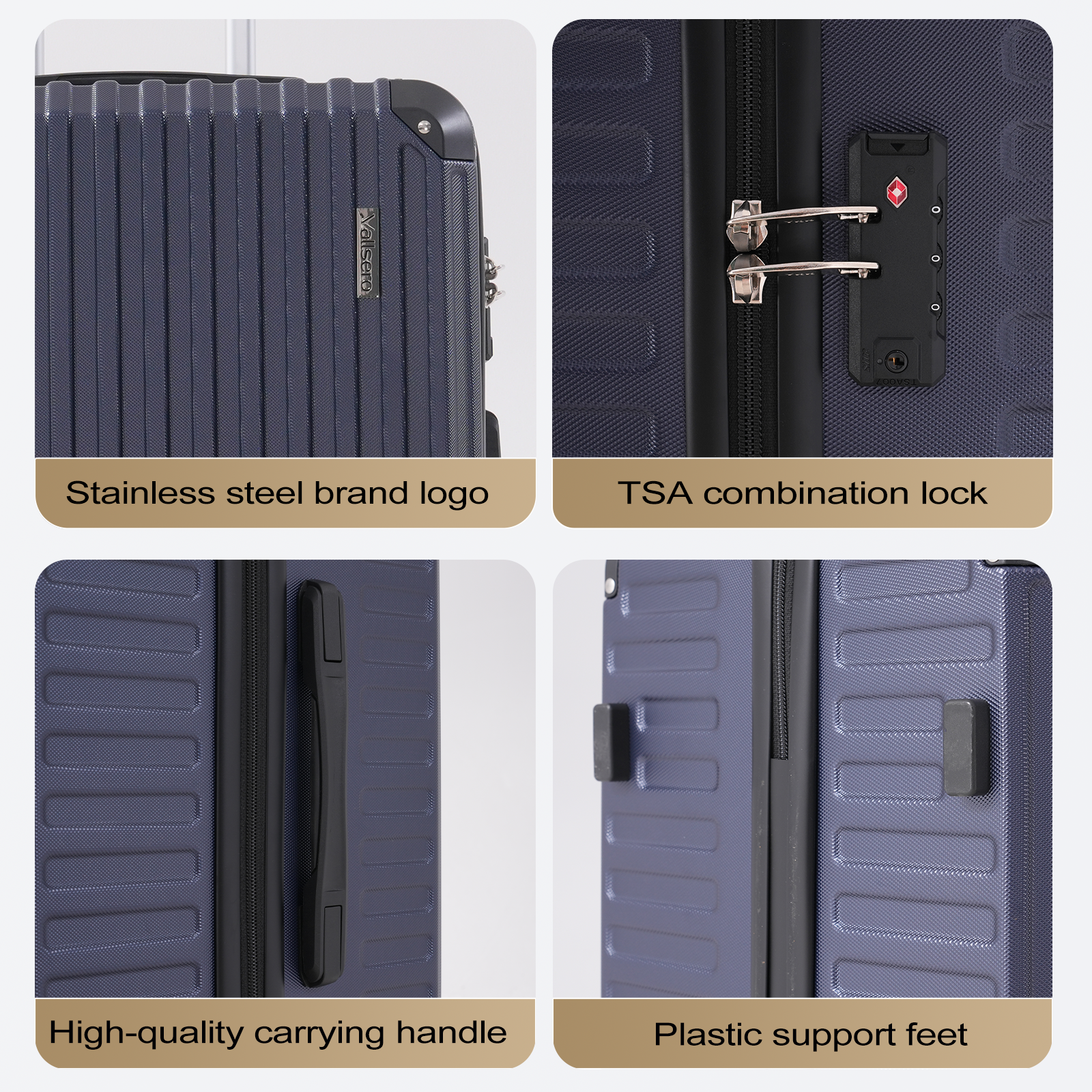 Close-up of a blue suitcase with stainless steel logo, TSA lock, carrying handle, and plastic feet.