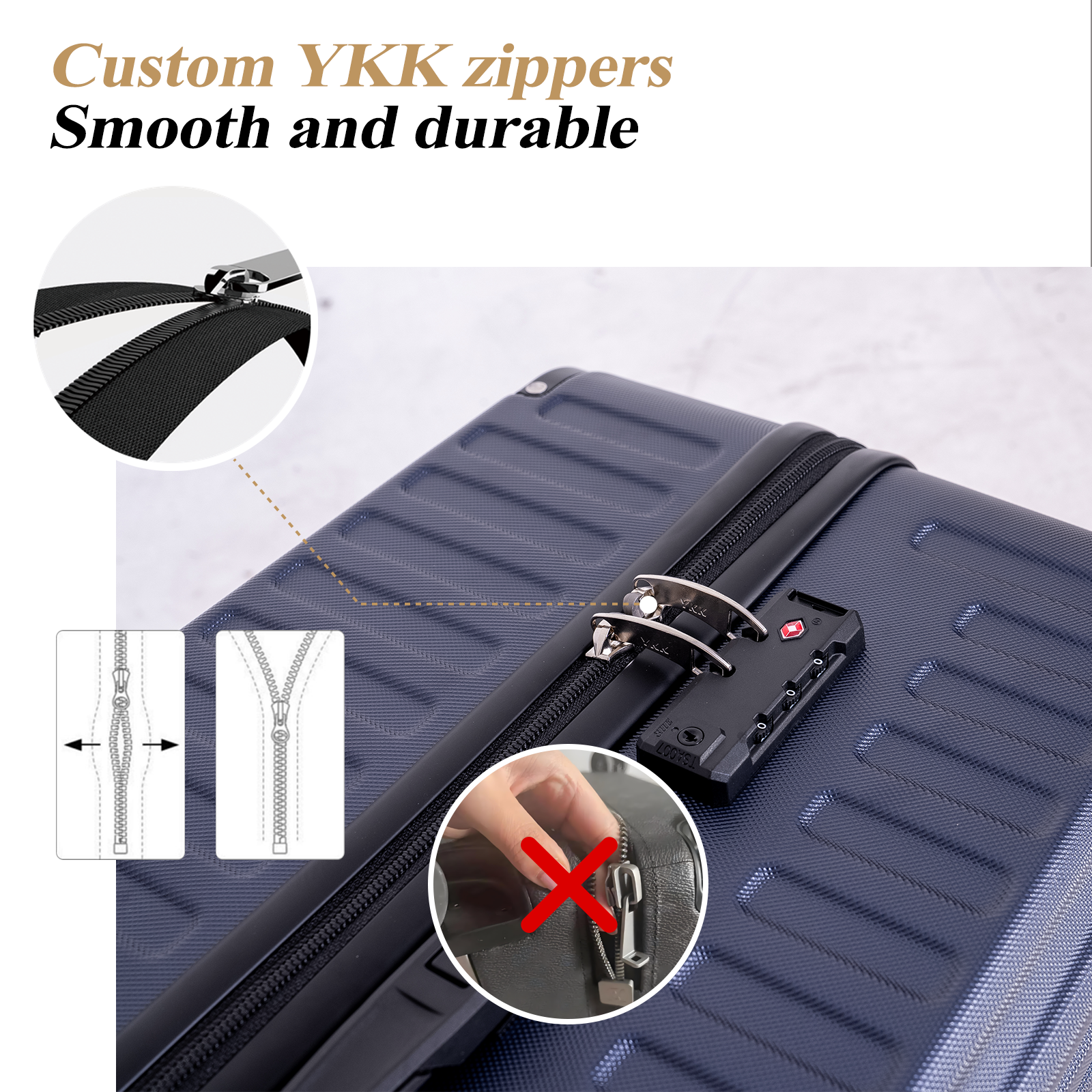 A blue suitcase with black zipper and lock. Close-up of the zipper with a red cross over the image.