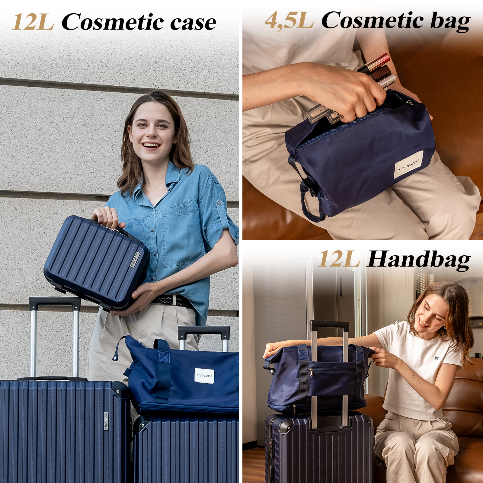 A woman holding a blue cosmetic case. Another woman opens a blue cosmetic bag. Another holds a blue handbag on a suitcase.