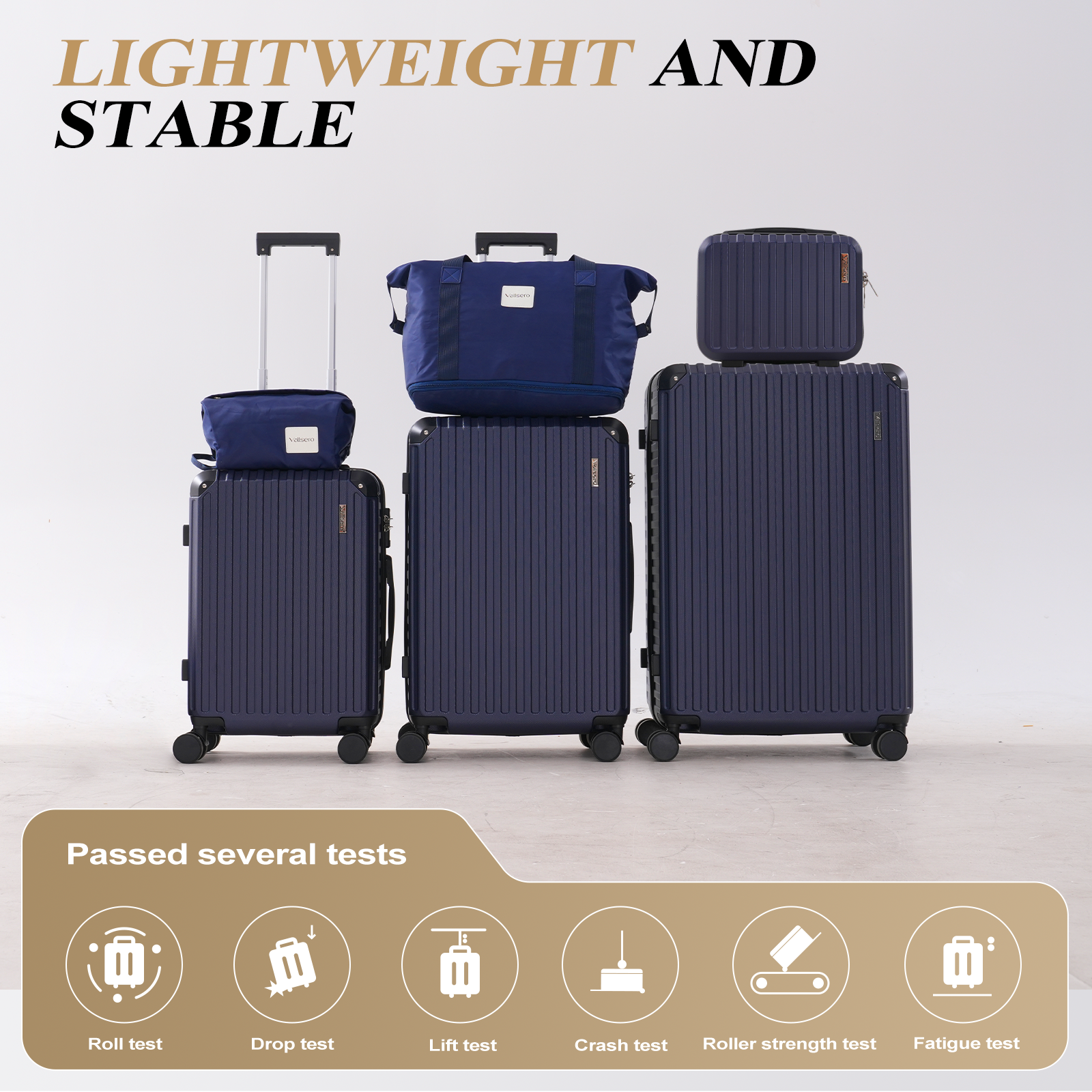Dark blue luggage set. Includes suitcases and bags of various sizes, stacked. Text at the top says lightweight and stable.