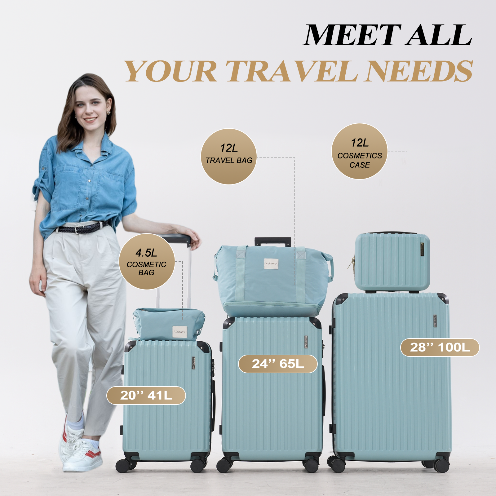 A woman stands with luggage, promoting travel bags. The image shows various sizes and types of bags, with text overlaying the image.